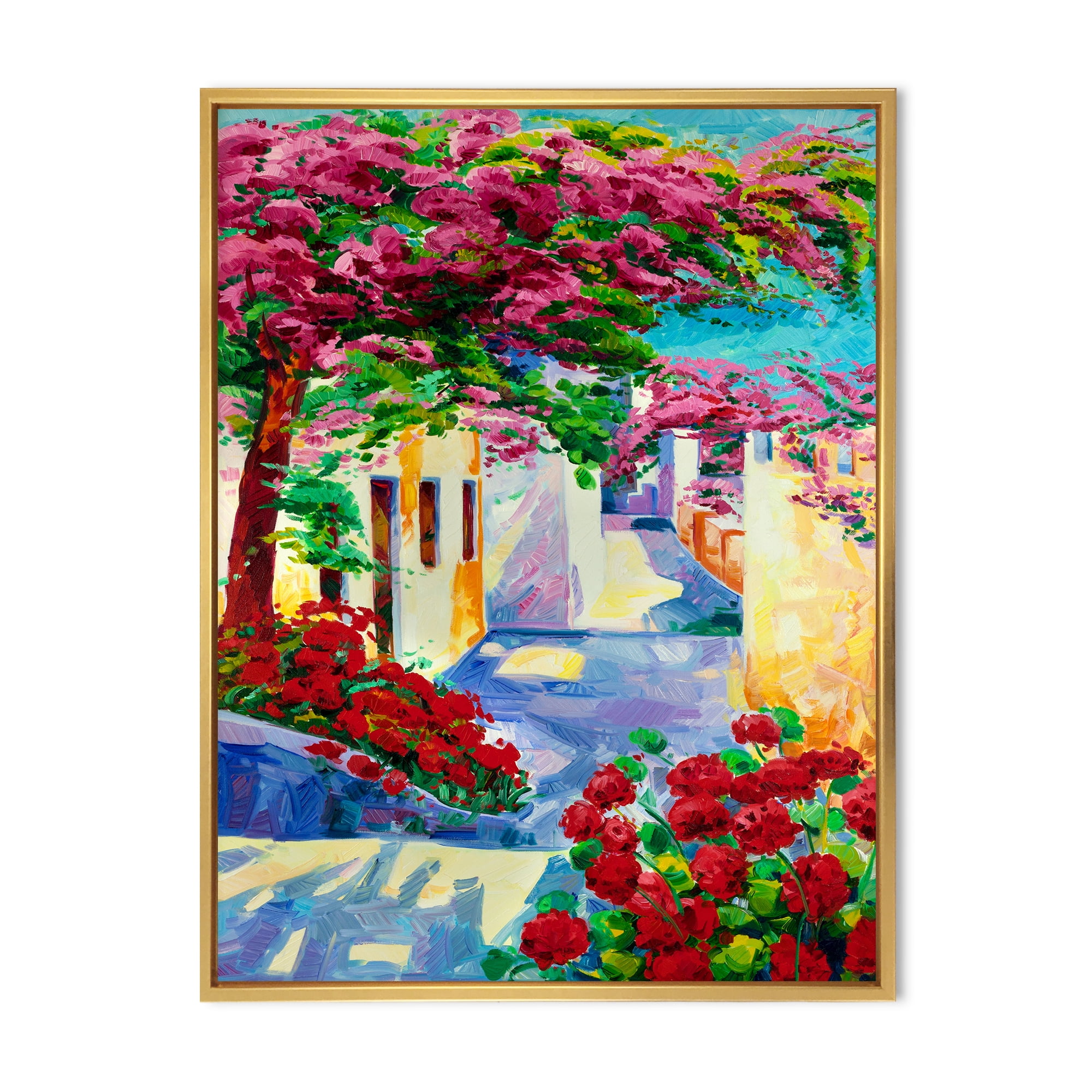 Designart 'Colorful Traditional Santorini Houses Among Flowers' Nautical & Coastal Framed Canvas Wall Art Print