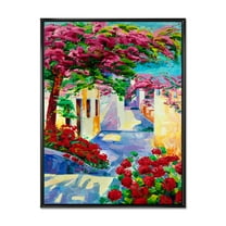 Designart 'Colorful Traditional Santorini Houses Among Flowers' Nautical & Coastal Framed Canvas Wall Art Print