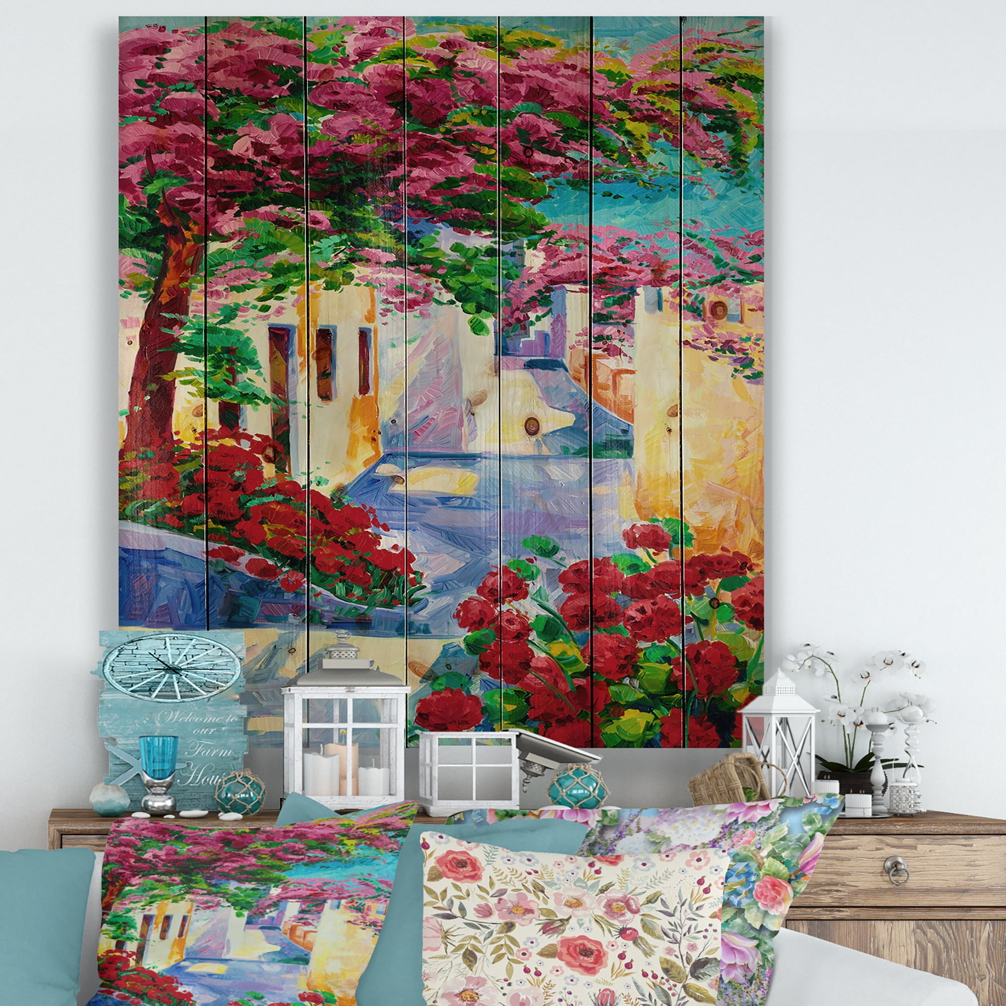 Designart 'Colorful Traditional Santorini Houses Among Flowers' Nautical & Coastal Print on Natural Pine Wood