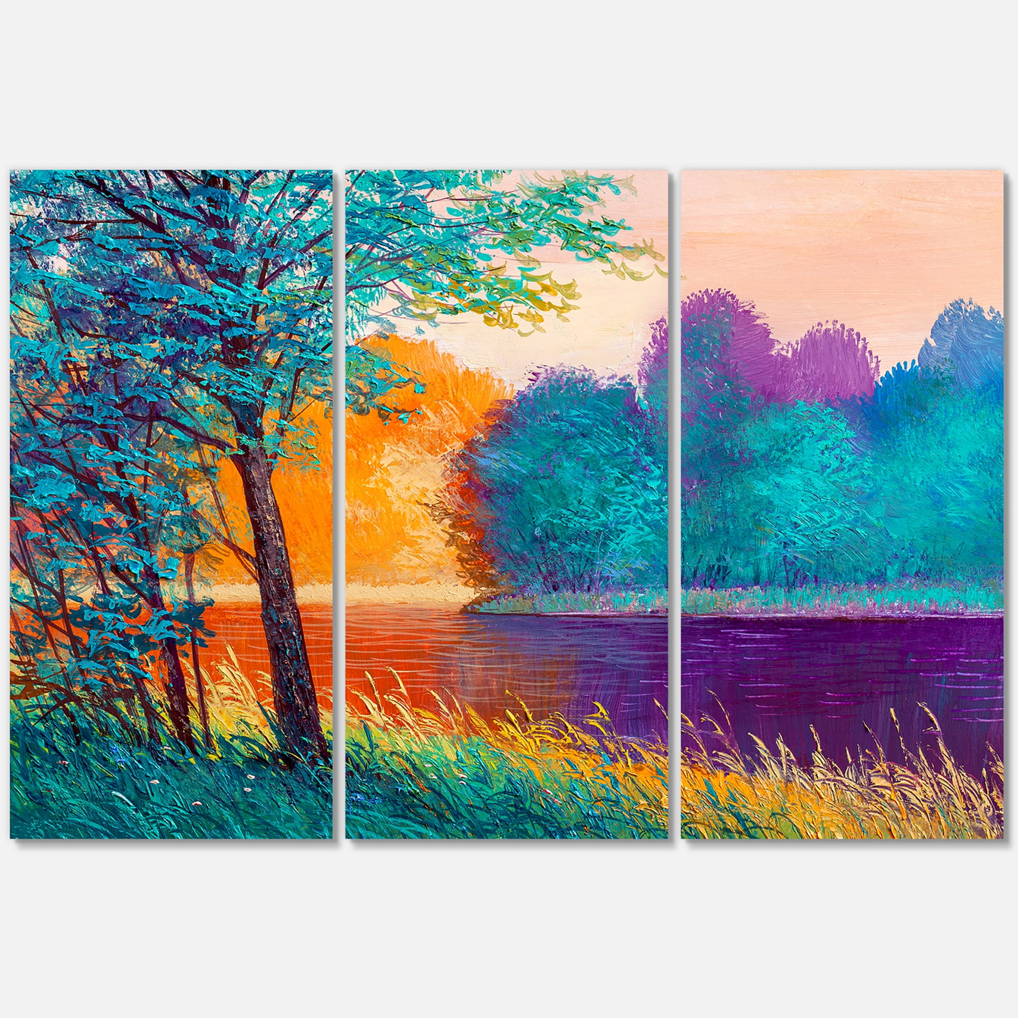 Designart ' Colorful Trees During Twilight Along River ' Traditional Canvas Wall Art Print
