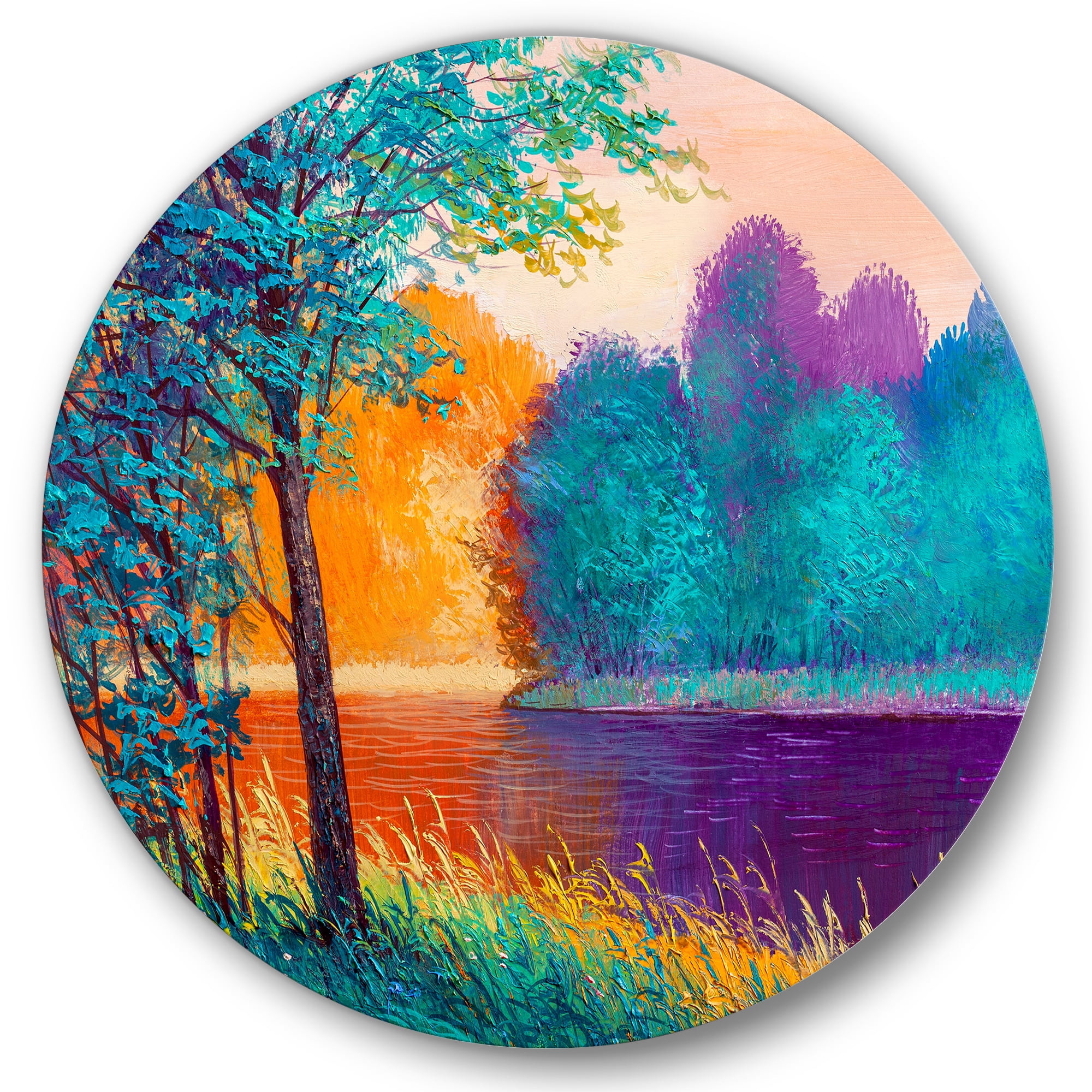Designart 'Colorful Trees During Twilight Along River' Traditional Circle Metal Wall Art 11x11 - Disc of 11