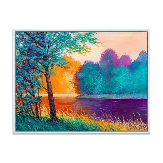 Designart 'Colorful Trees During Twilight Along River' Traditional Framed Canvas Wall Art Print