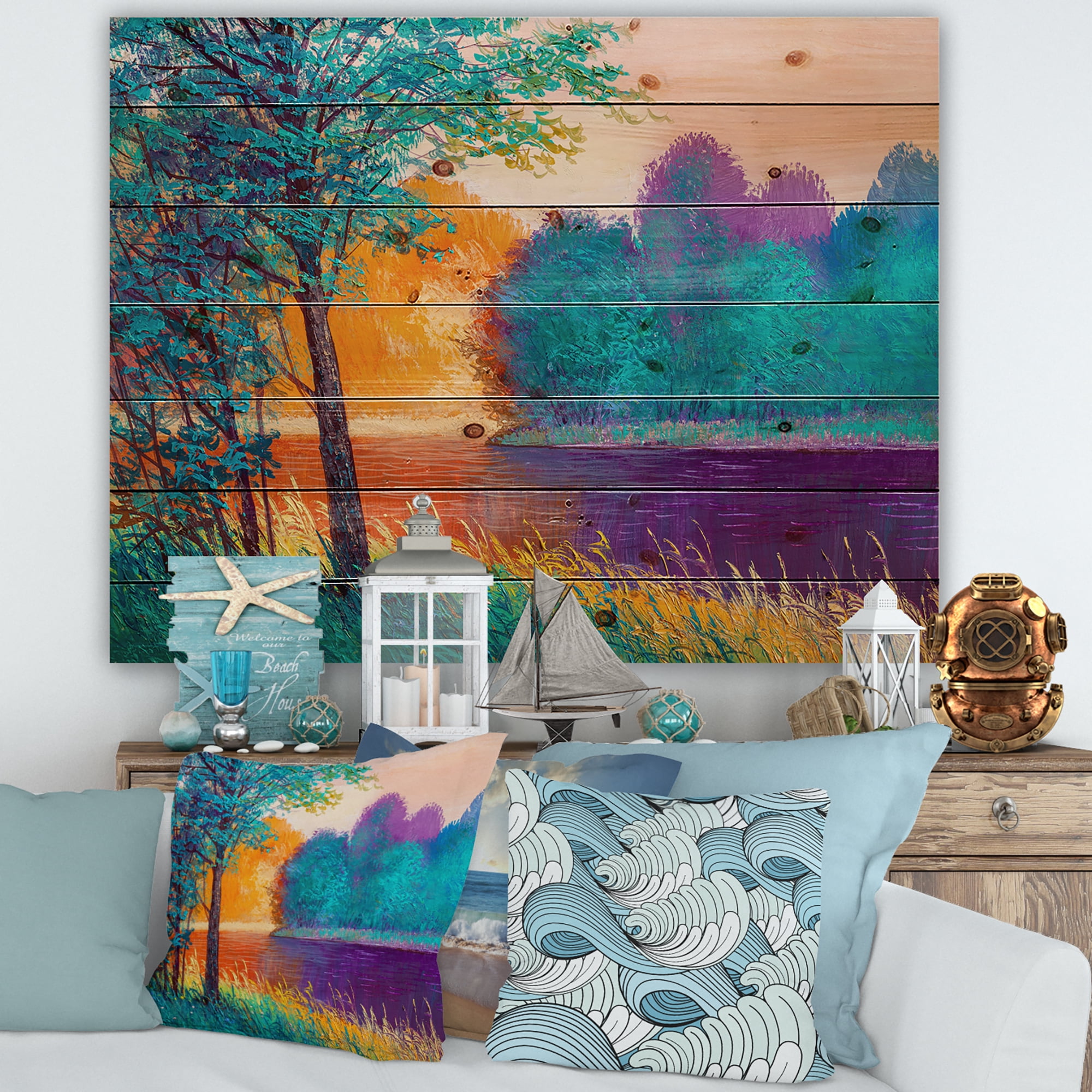 Designart 'Colorful Trees During Twilight Along River' Traditional Print on Natural Pine Wood