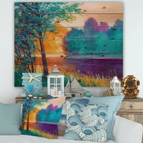 Designart 'Colorful Trees During Twilight Along River' Traditional Print on Natural Pine Wood
