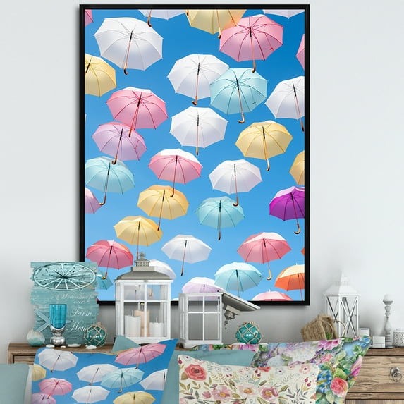 Designart "Colorful Umbrella Mosaic I" Sky Floater Framed Wall Art Living Room