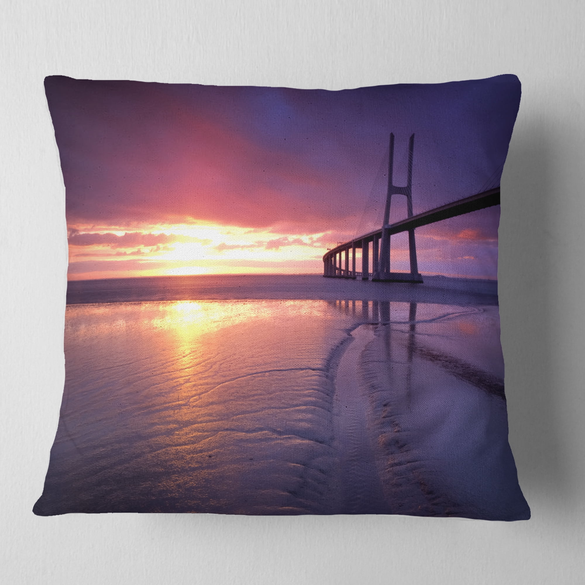 Designart Colorful Vasco Da Gama Bridge - Pier Seascape Throw Pillow - 18x18