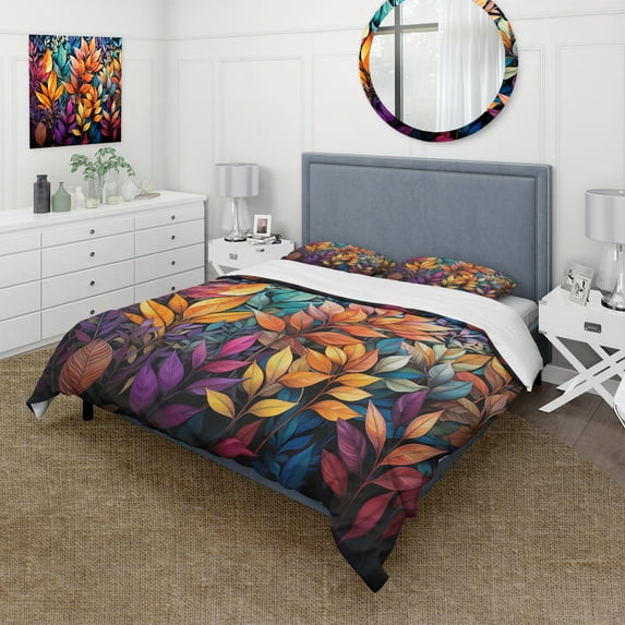 Designart "Colorful Vibrant Foliage" Abstract Botanicals Bedding Covert Set - Modern Multi-Color Abstract Bed Set With 2 Shams
