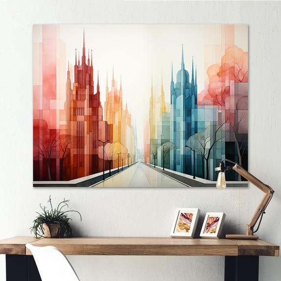 Designart "Colorful Watercolor Cityscape I" Oversized Cityscapes Wall Art - Industrial Multicolor New York Entryway Wall Art Print