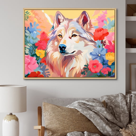 Designart "Colorful Wolf in Impressionist Style III" Animals Framed Wall Art - Modern Farmhouse Multicolor Wolf Hallway Framed Wall Art Decor