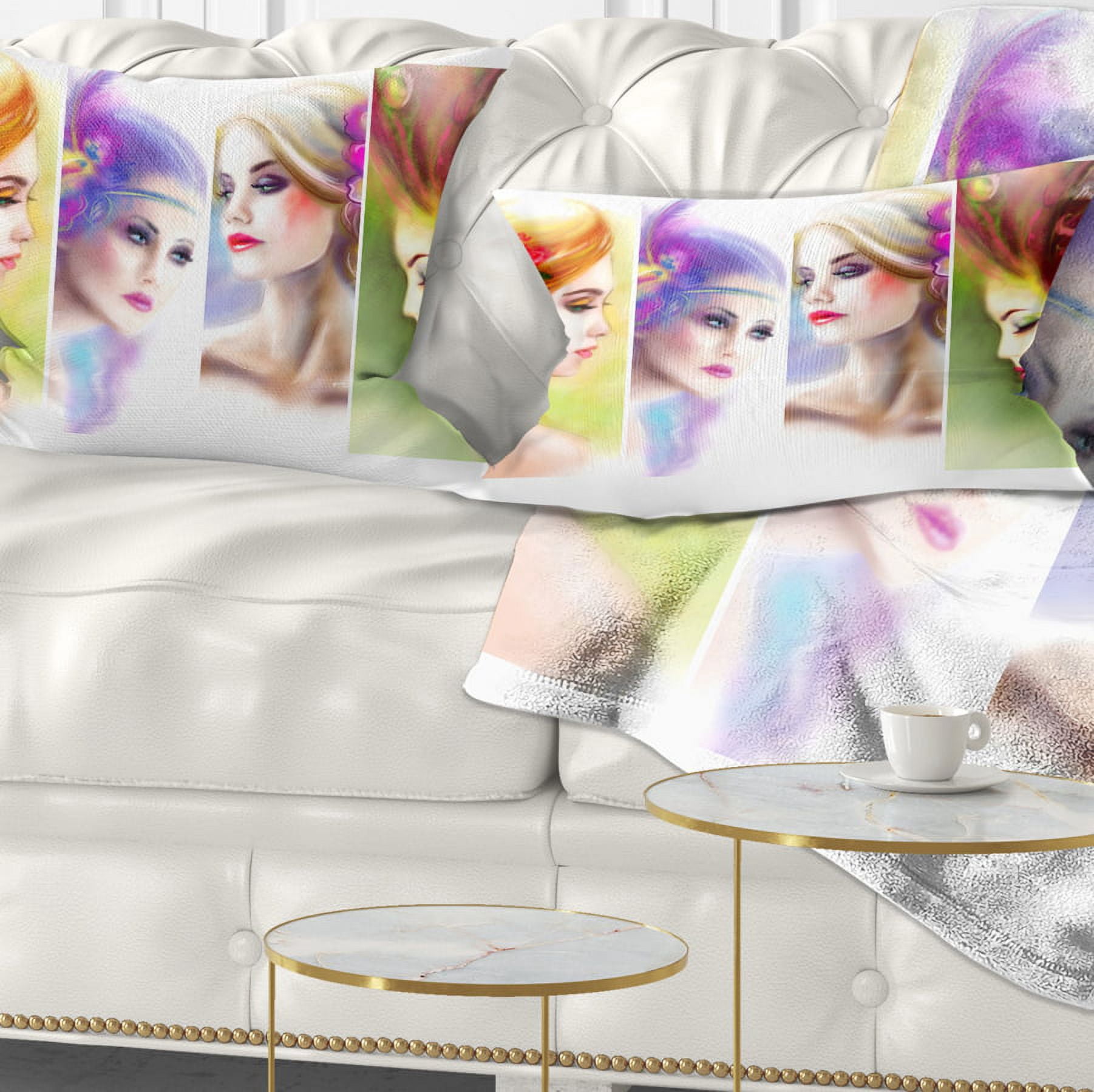 Designart Colorful Women Face Collage - Abstract Portrait Throw Pillow - 12x20