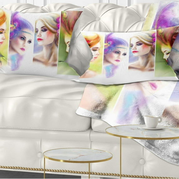 Designart Colorful Women Face Collage - Abstract Portrait Throw Pillow - 12x20
