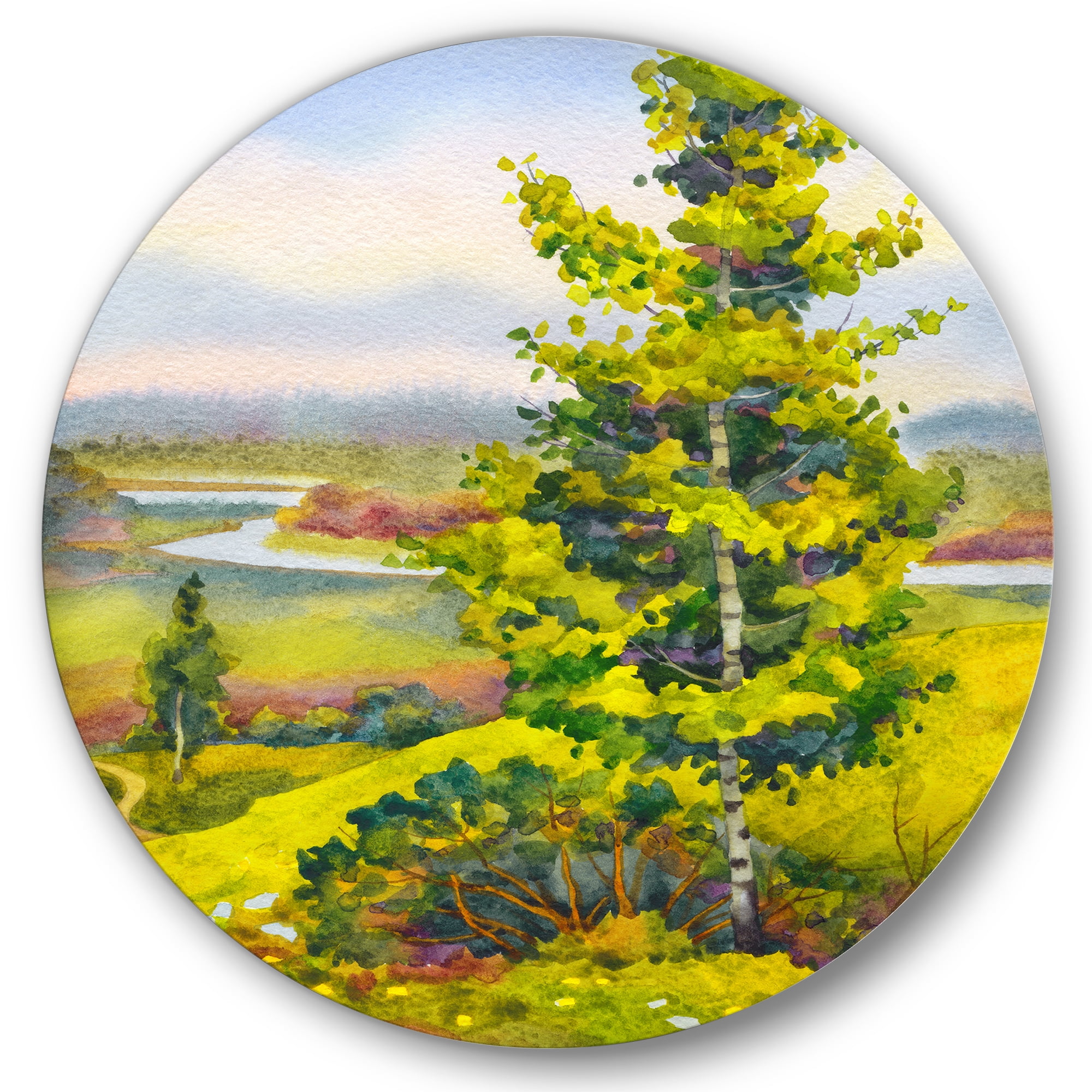 Designart 'Colorful Young Orange Betulas Along Bank Of Calm Bay' Lake House Circle Metal Wall Art 23x23 - Disc of 23