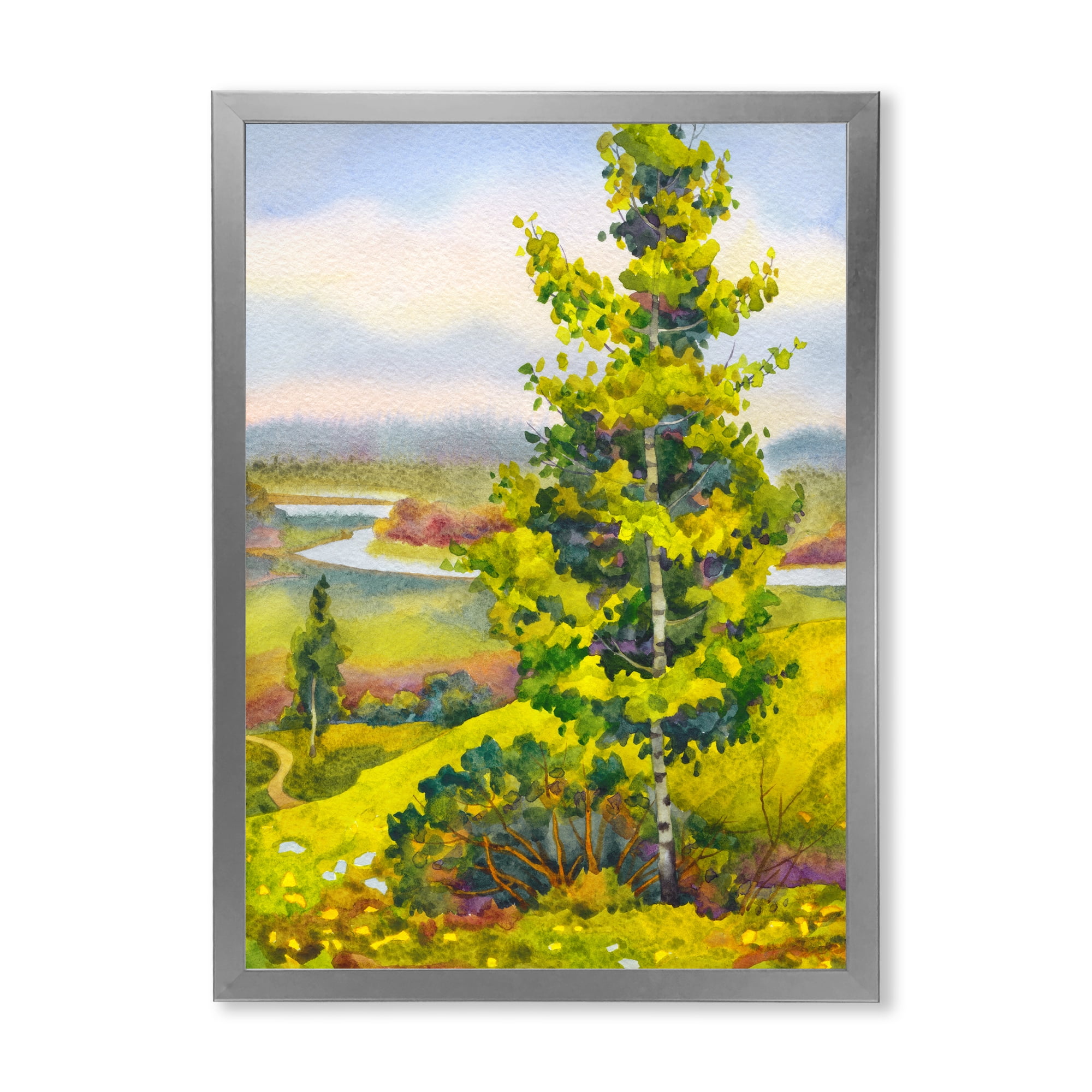 Designart 'Colorful Young Orange Betulas Along Bank Of Calm Bay' Lake House Framed Art Print