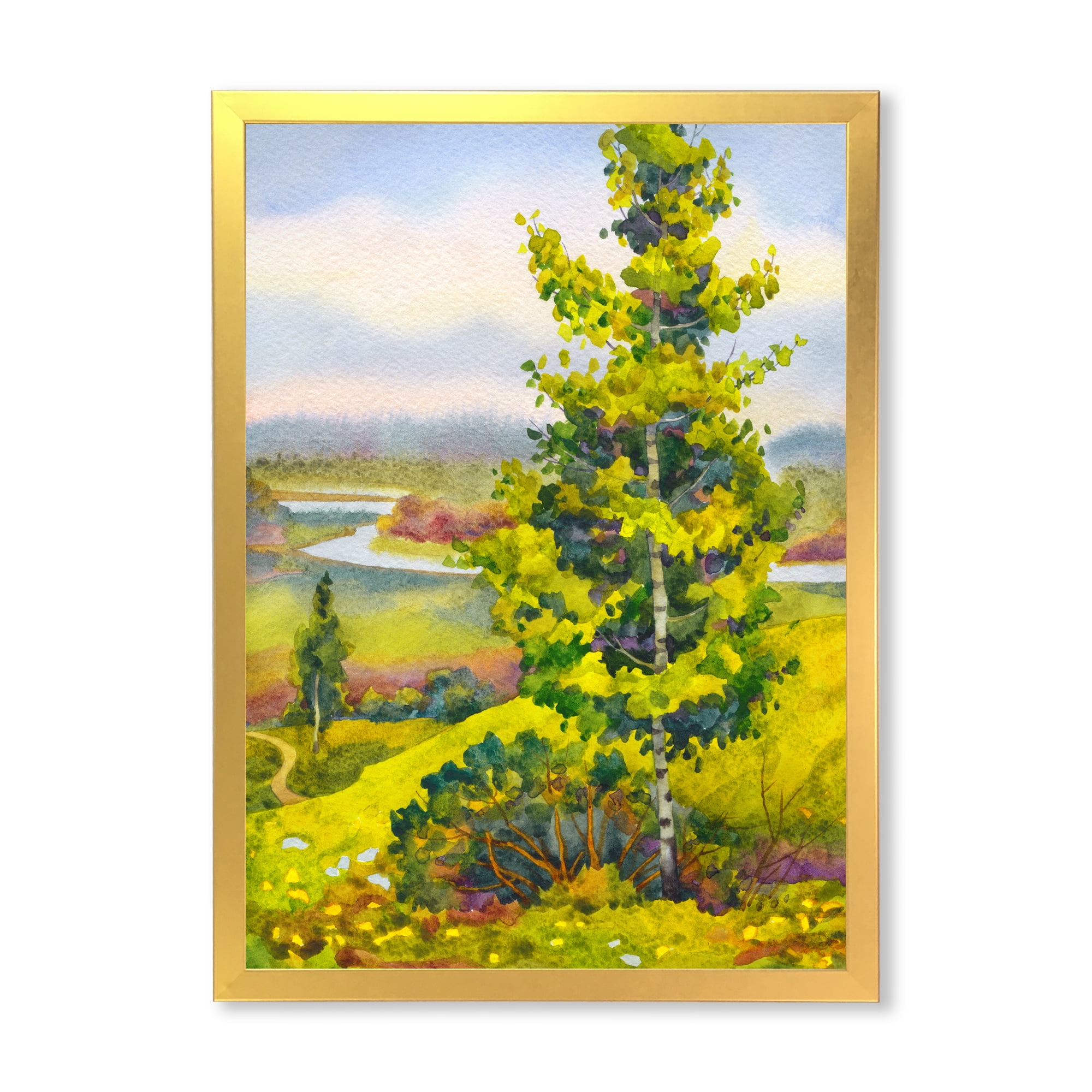 Designart 'Colorful Young Orange Betulas Along Bank Of Calm Bay' Lake House Framed Art Print