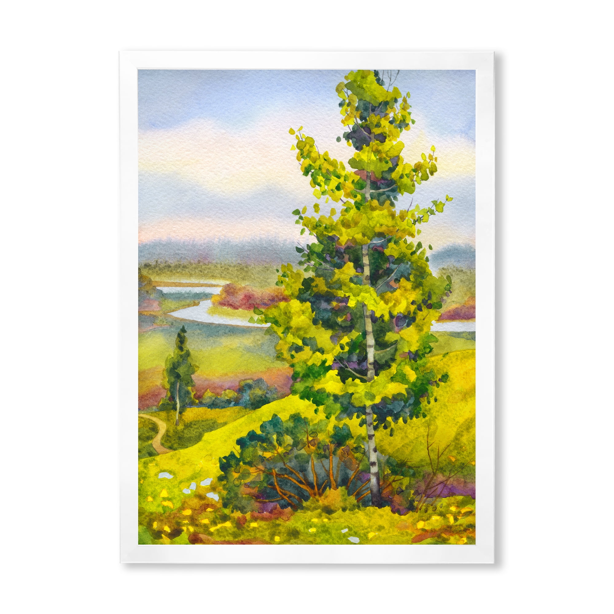 Designart 'Colorful Young Orange Betulas Along Bank Of Calm Bay' Lake House Framed Art Print