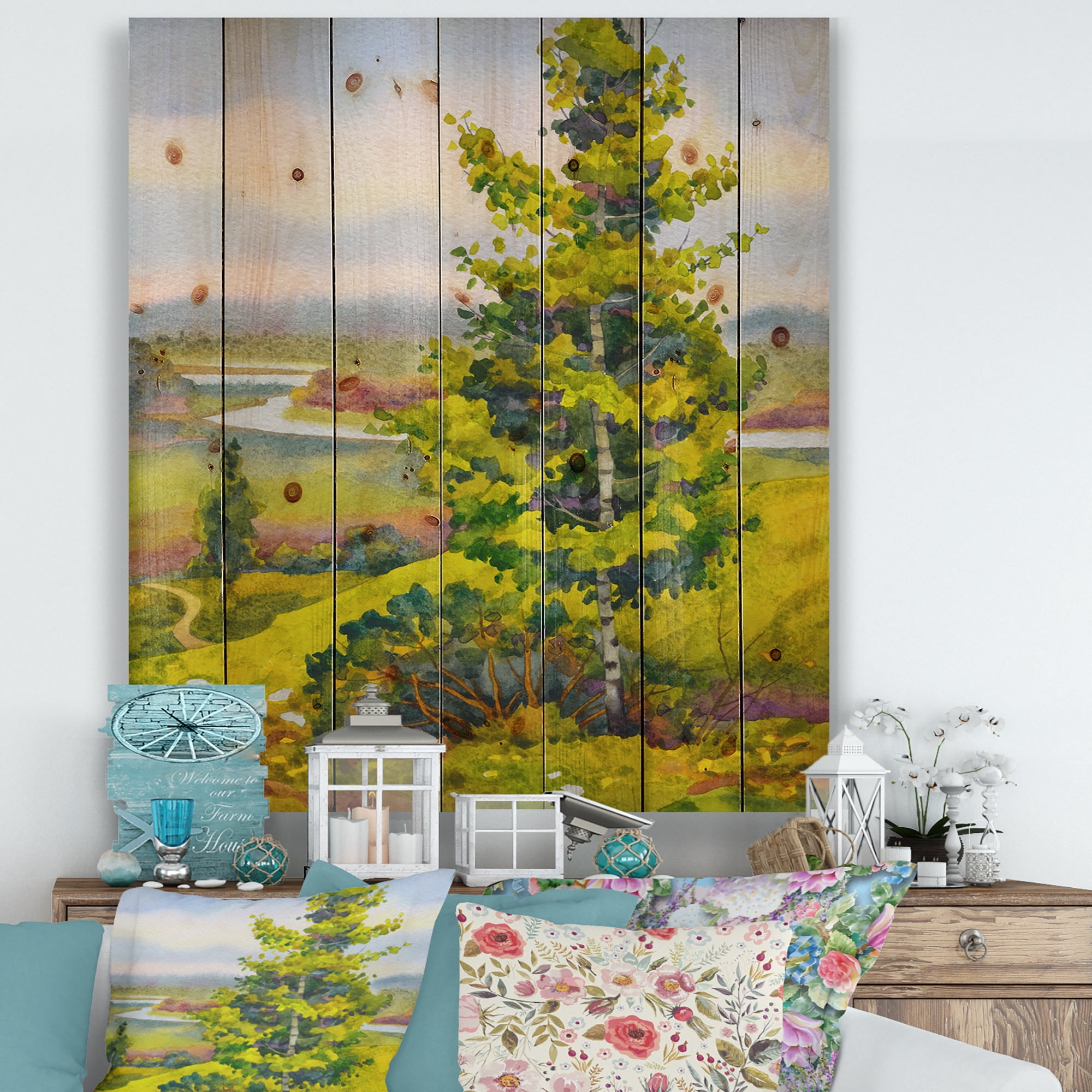 Designart 'Colorful Young Orange Betulas Along Bank Of Calm Bay' Lake House Print on Natural Pine Wood