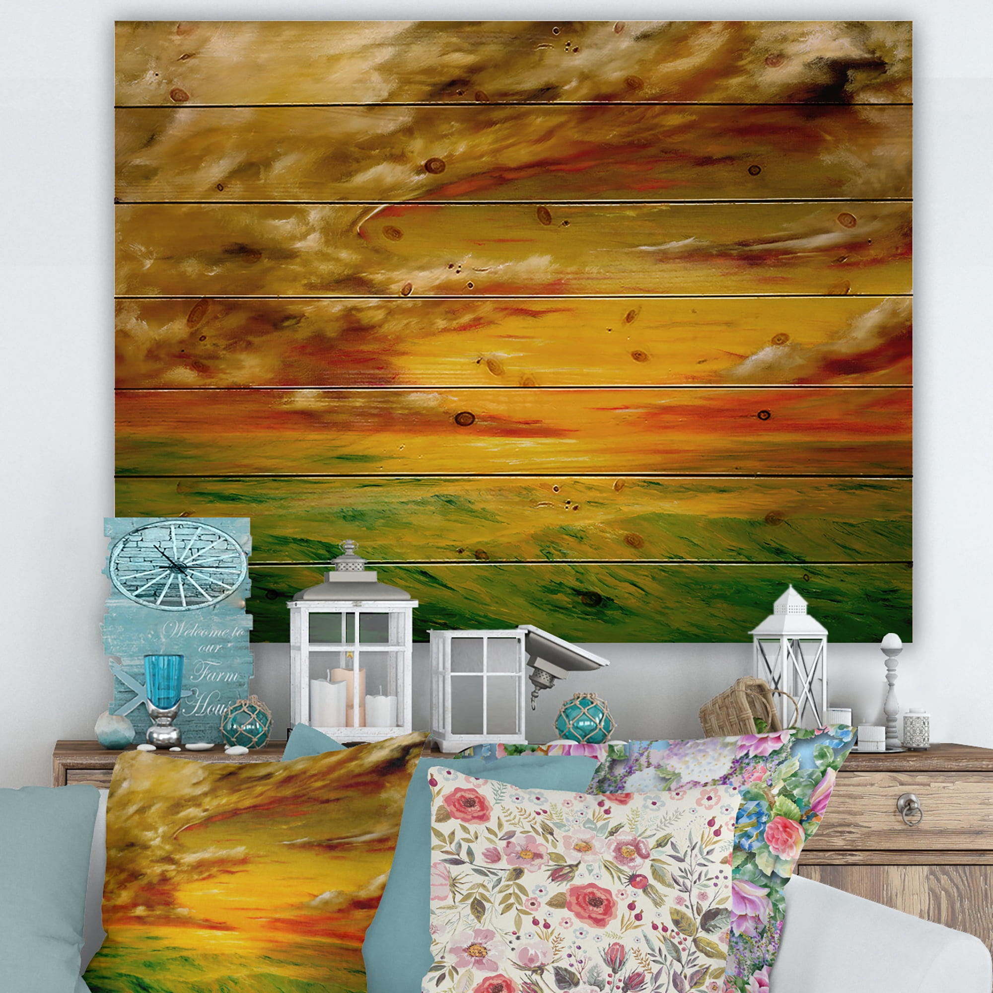 Designart 'Colorful and Bright Sunset At Santa Rosa California' Farmhouse Print on Natural Pine Wood