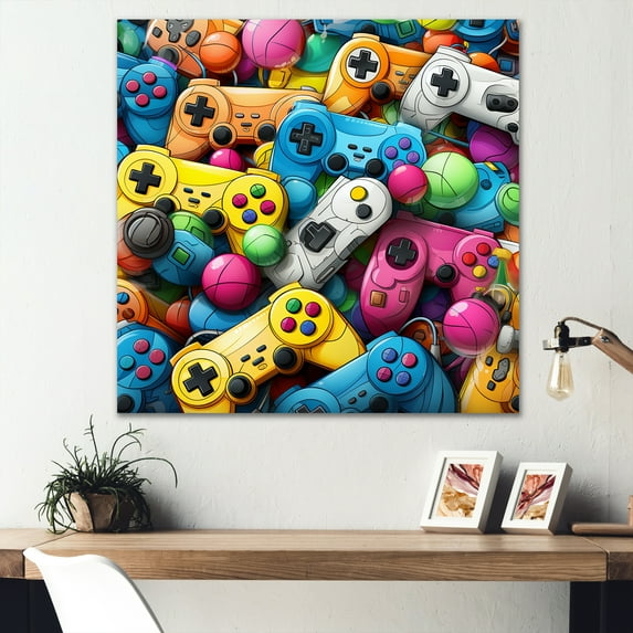 Designart "Colorful gaming controllers PS In Colorful"Video Games Metal Wall Art Colorful Modern Living Room Wall Art