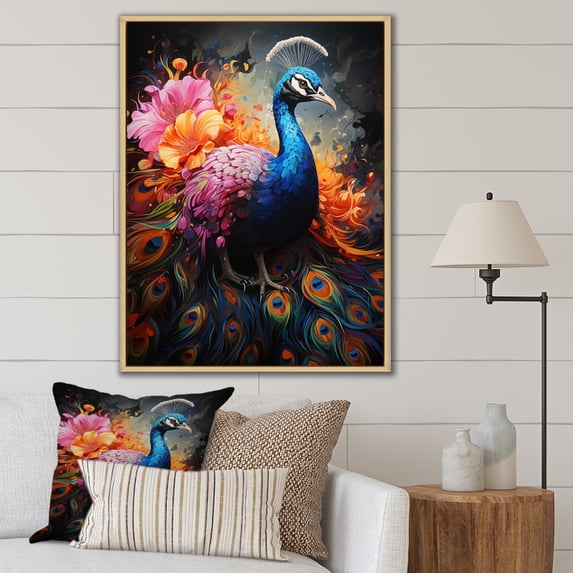 Designart "Colorfuled Rainbow Peacock" Animals Floater Framed Wall Art Living Room