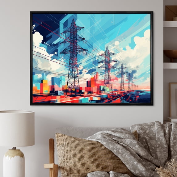 Designart "Colorfull Power Lines Gridscape Charm I" Power Lines Floater Framed Canvas Wall Art