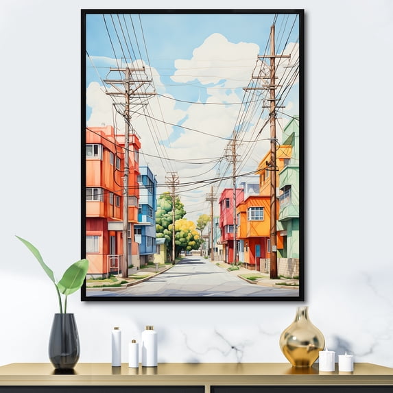 Designart "Colorfull Power Lines Gridscape Charm IV" Cityscapes Floater Framed Canvas Print