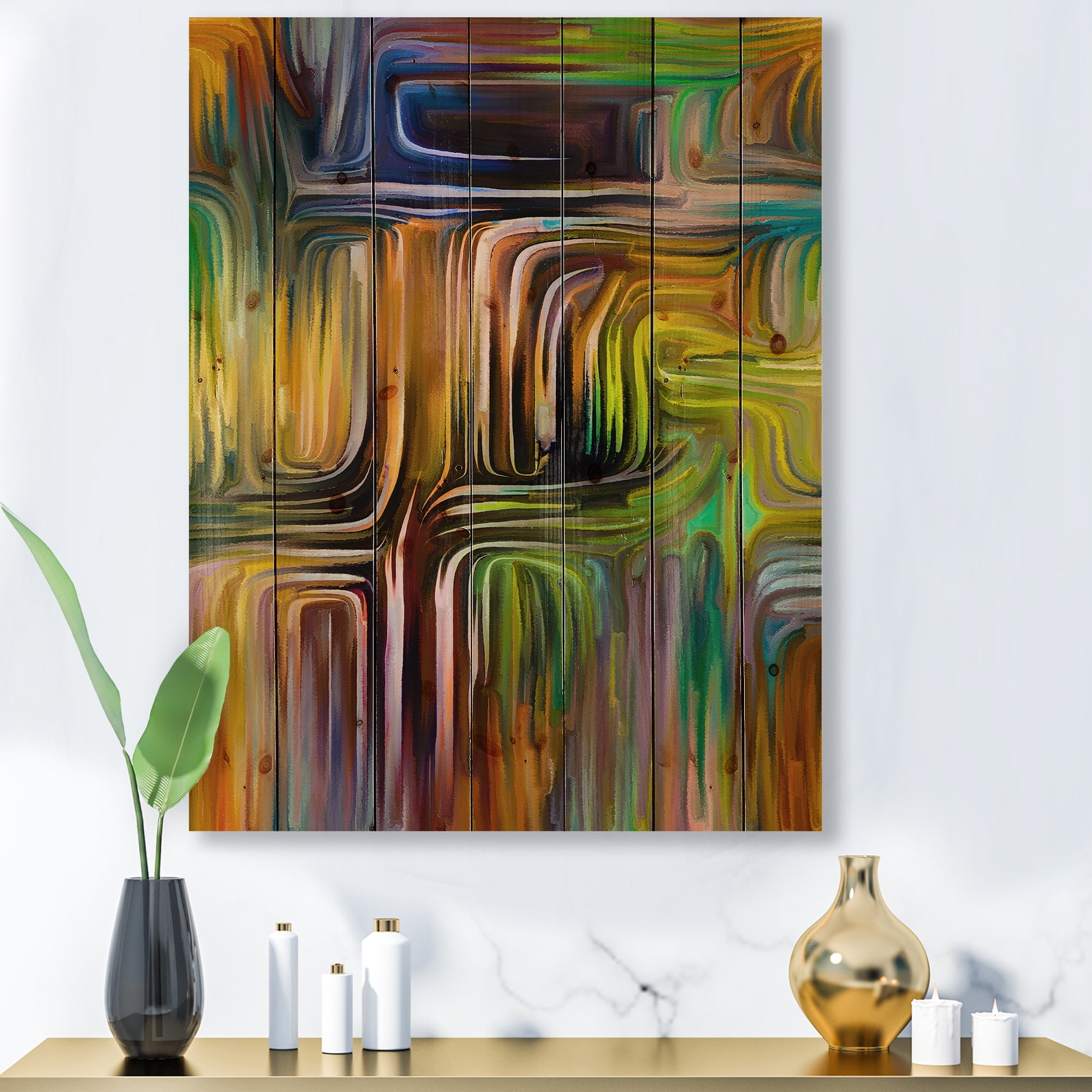 Designart 'Colour Spiral Fusion I' Modern Print on Natural Pine Wood