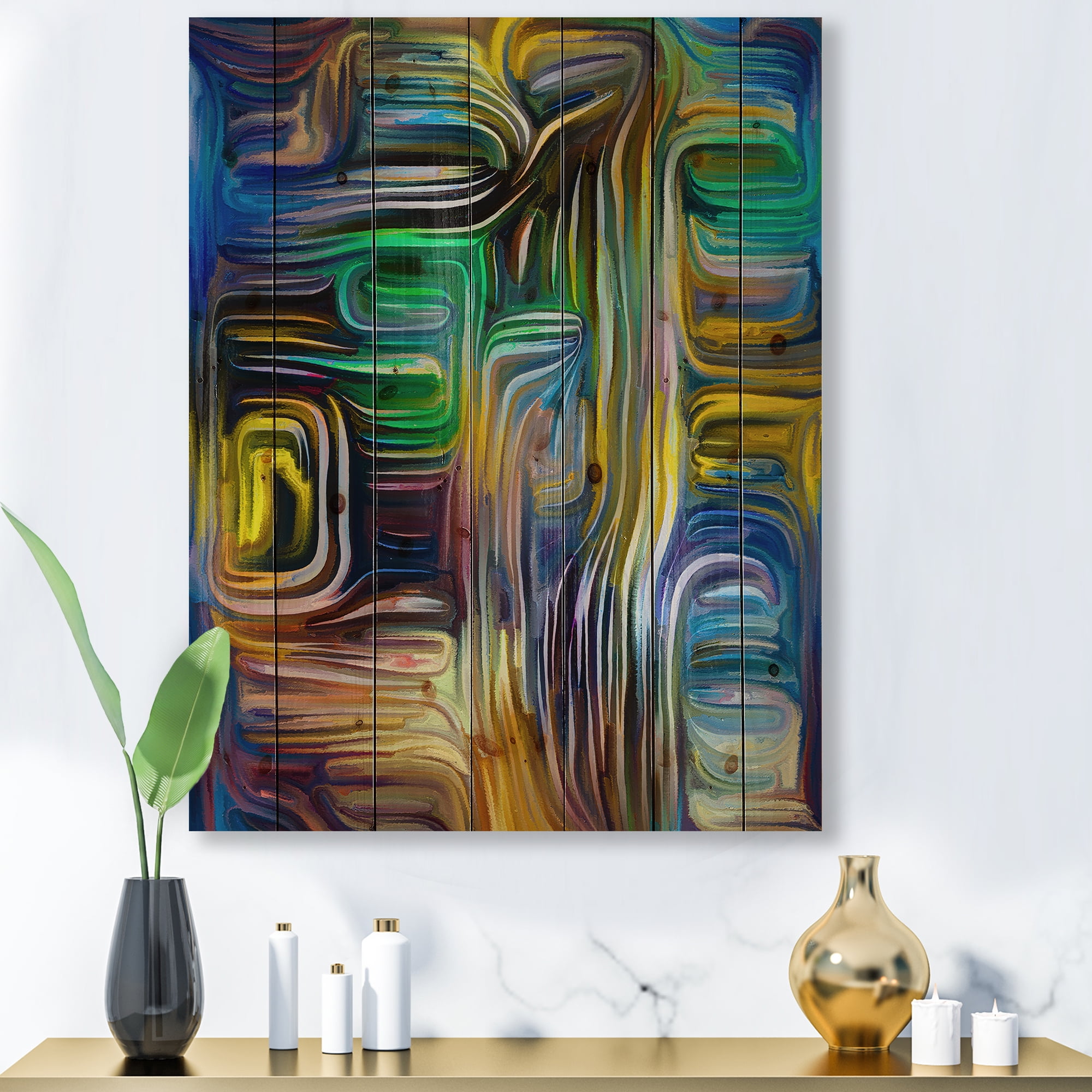 Designart 'Colour Spiral Fusion VI' Modern Print on Natural Pine Wood