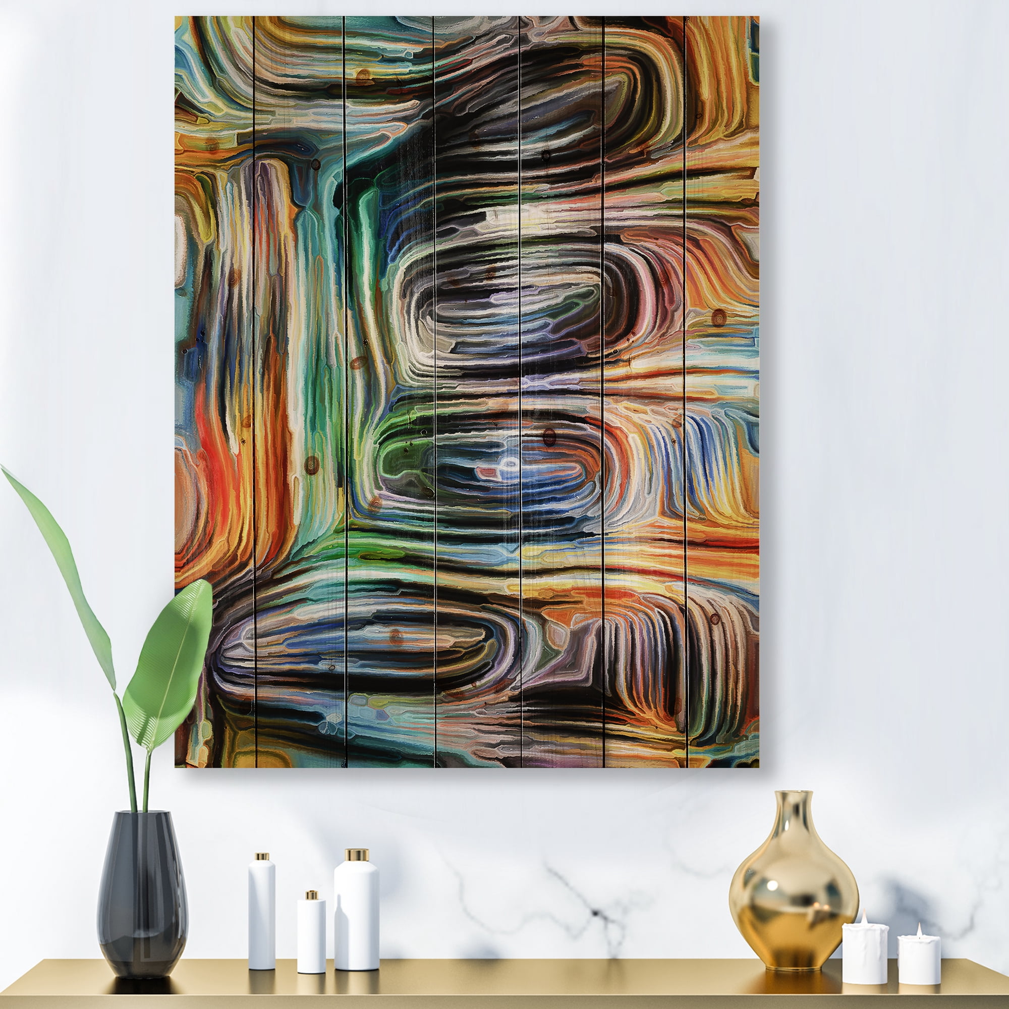 Designart 'Colour Spiral Fusion VII' Modern Print on Natural Pine Wood