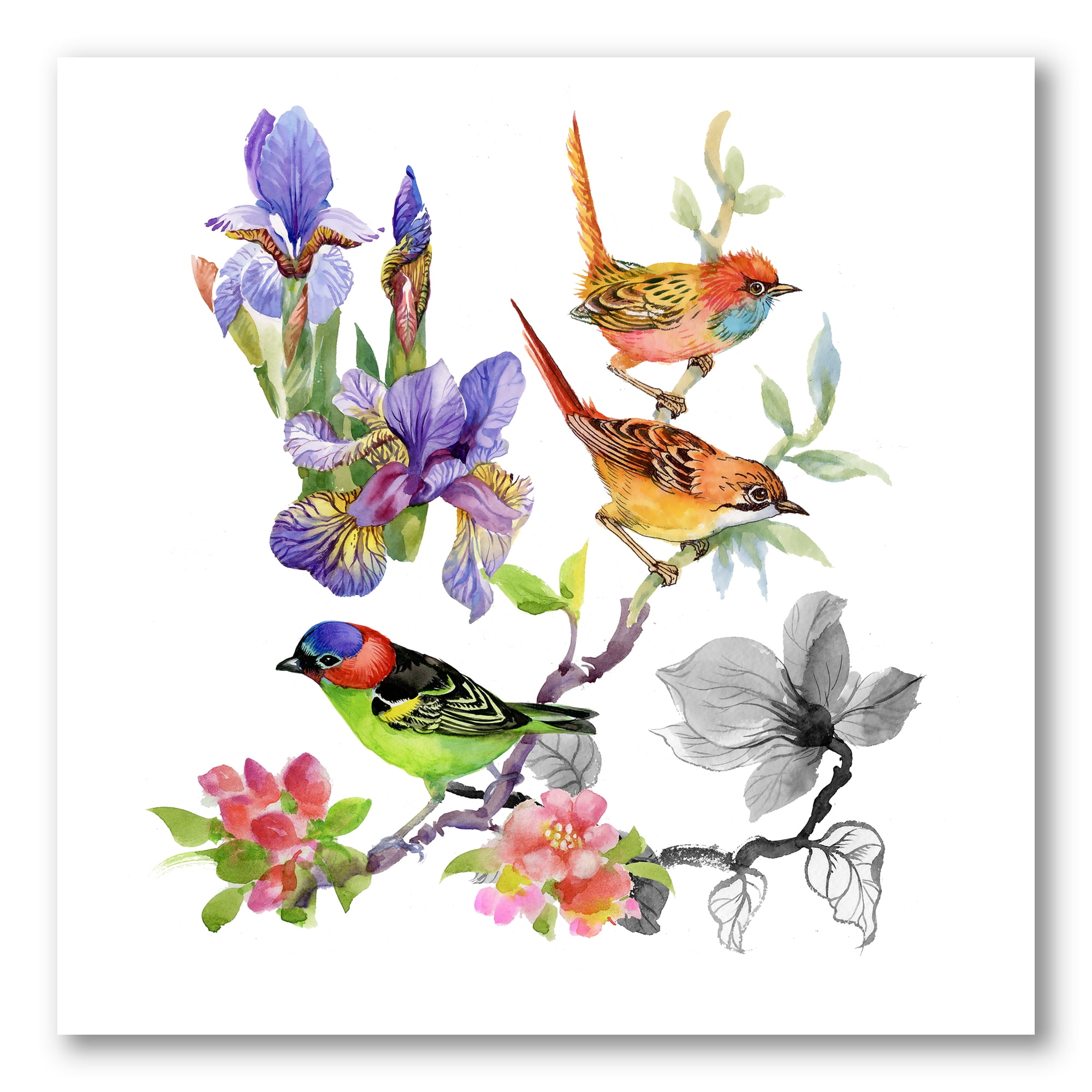 Designart ' Colourful Birds and Tropical Flowers I ' Traditional Canvas Wall Art Print