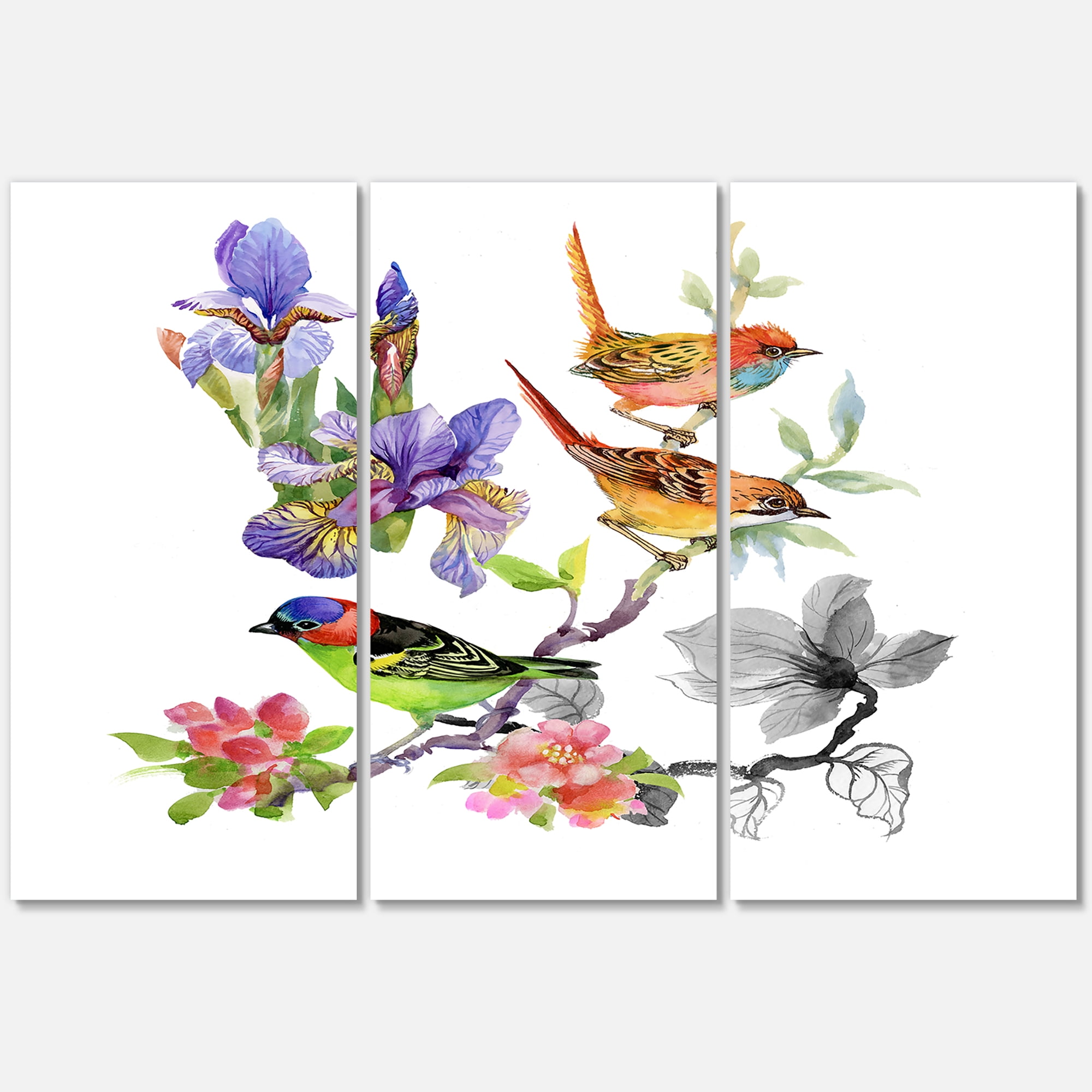 Designart ' Colourful Birds and Tropical Flowers I ' Traditional Canvas Wall Art Print