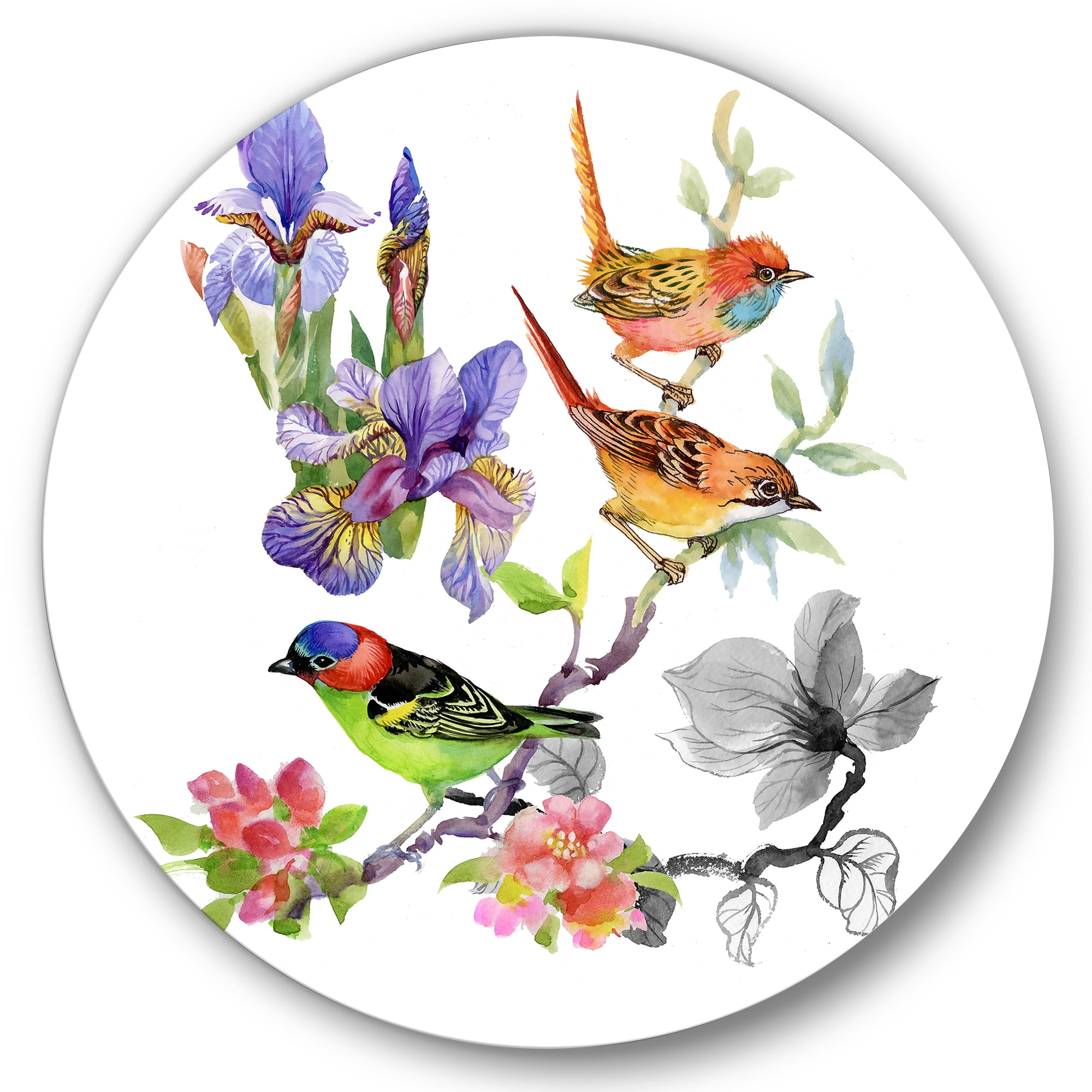 Designart 'Colourful Birds and Tropical Flowers I' Traditional Circle Metal Wall Art 23x23 - Disc of 23