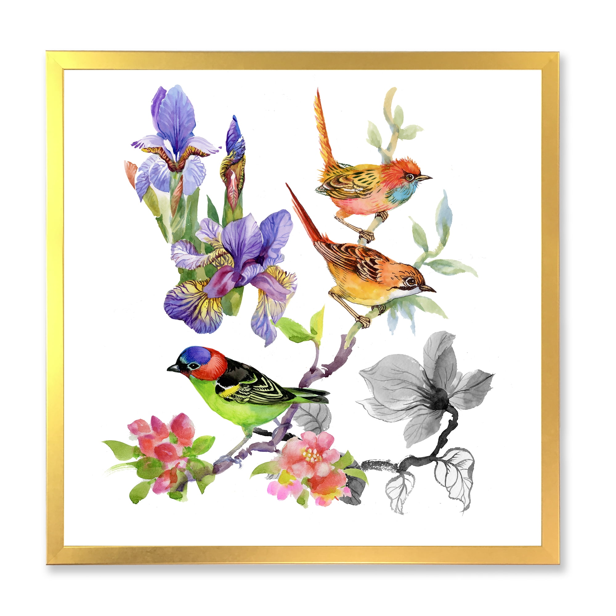 Designart 'Colourful Birds and Tropical Flowers I' Traditional Framed Art Print