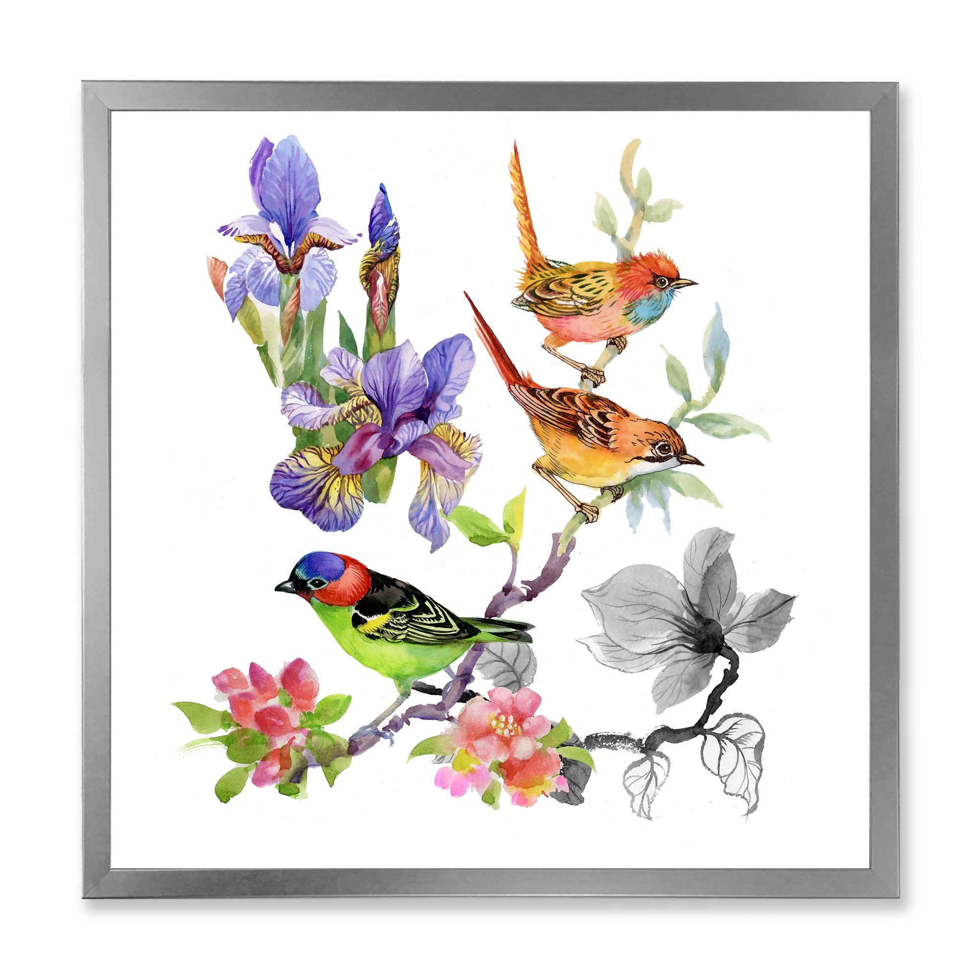 Designart 'Colourful Birds and Tropical Flowers I' Traditional Framed Art Print