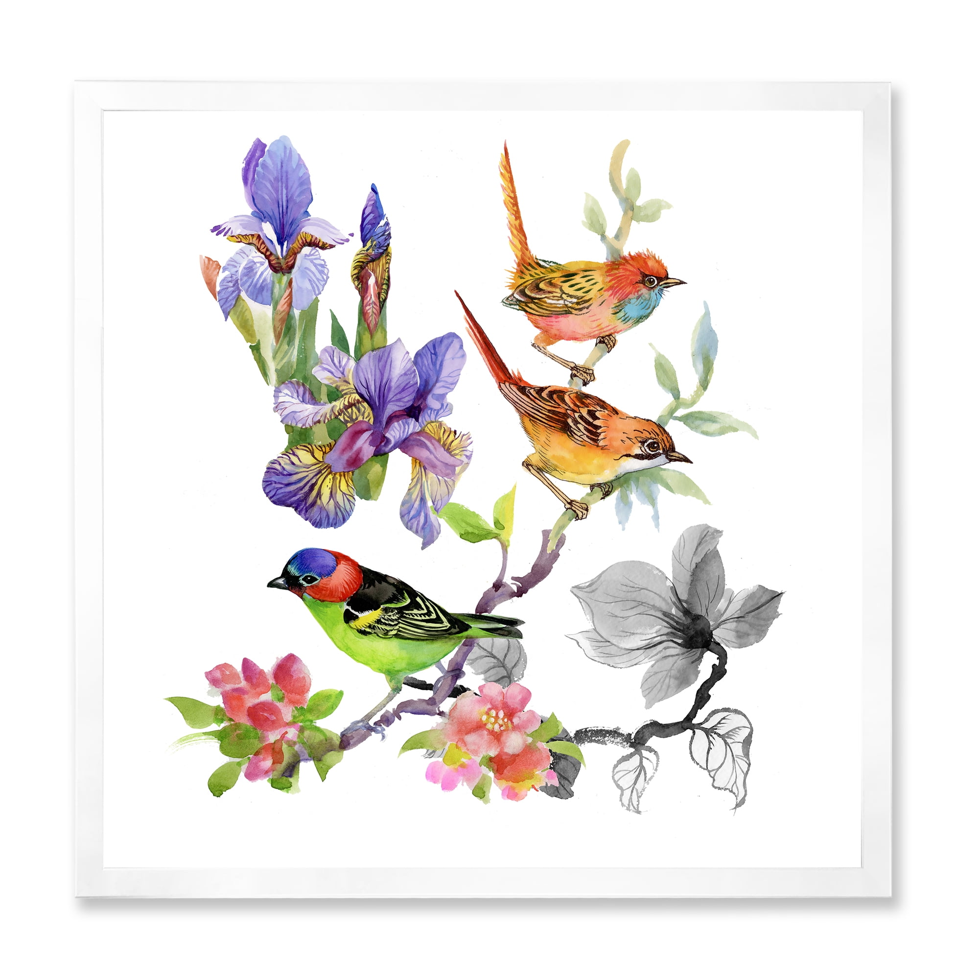 Designart 'Colourful Birds and Tropical Flowers I' Traditional Framed Art Print