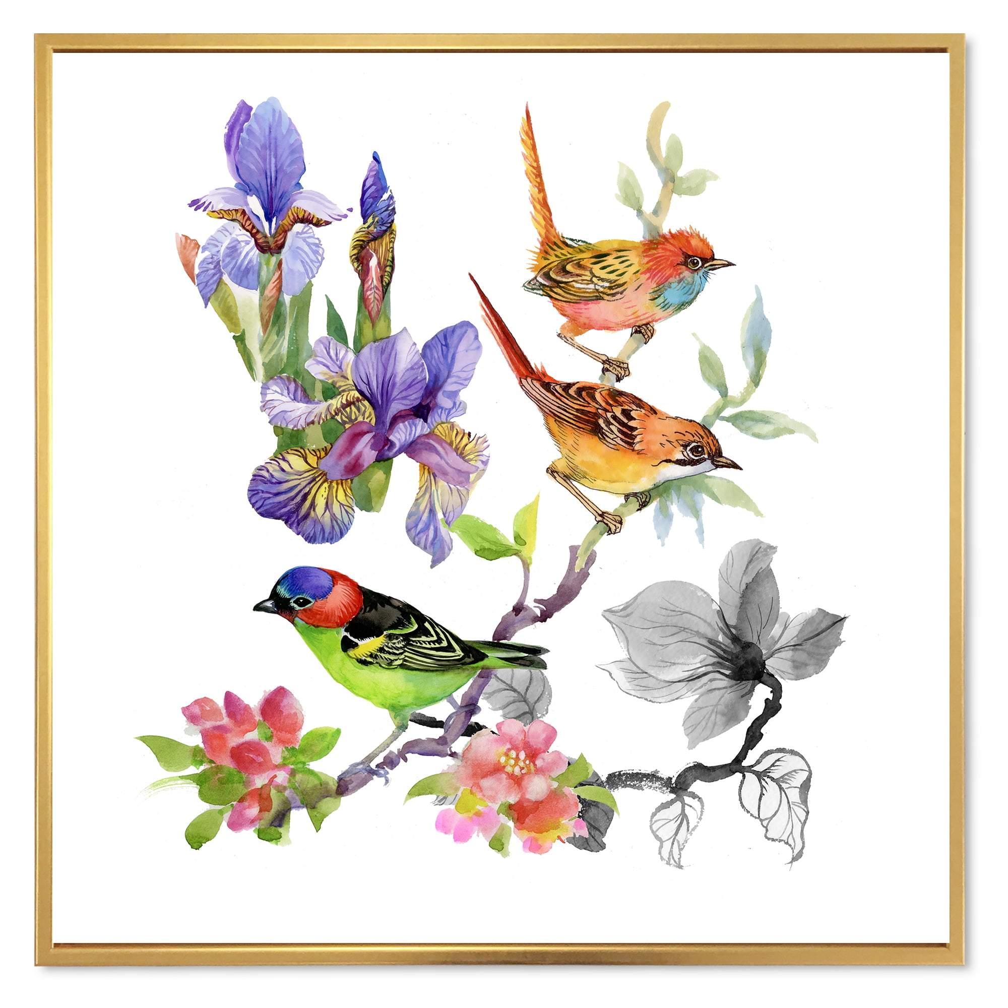 Designart 'Colourful Birds and Tropical Flowers I' Traditional Framed Canvas Wall Art Print