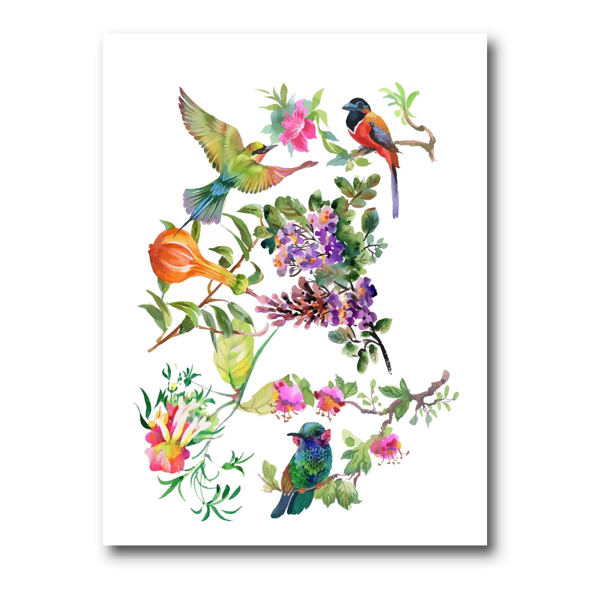 Designart ' Colourful Birds and Tropical Flowers II ' Traditional Canvas Wall Art Print