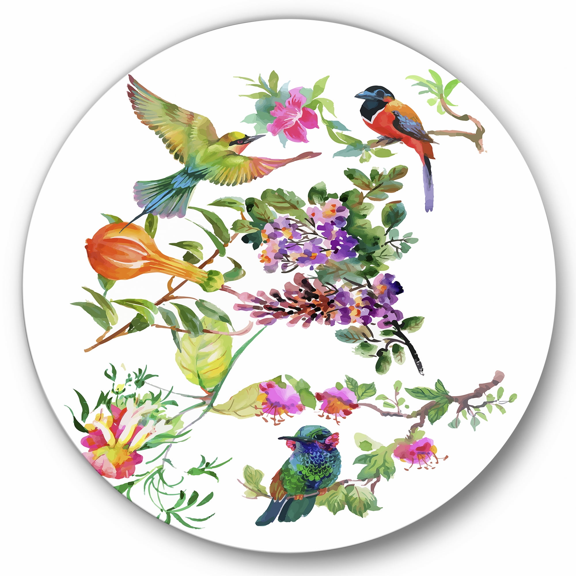 Designart 'Colourful Birds and Tropical Flowers II' Traditional Circle Metal Wall Art 11x11 - Disc of 11