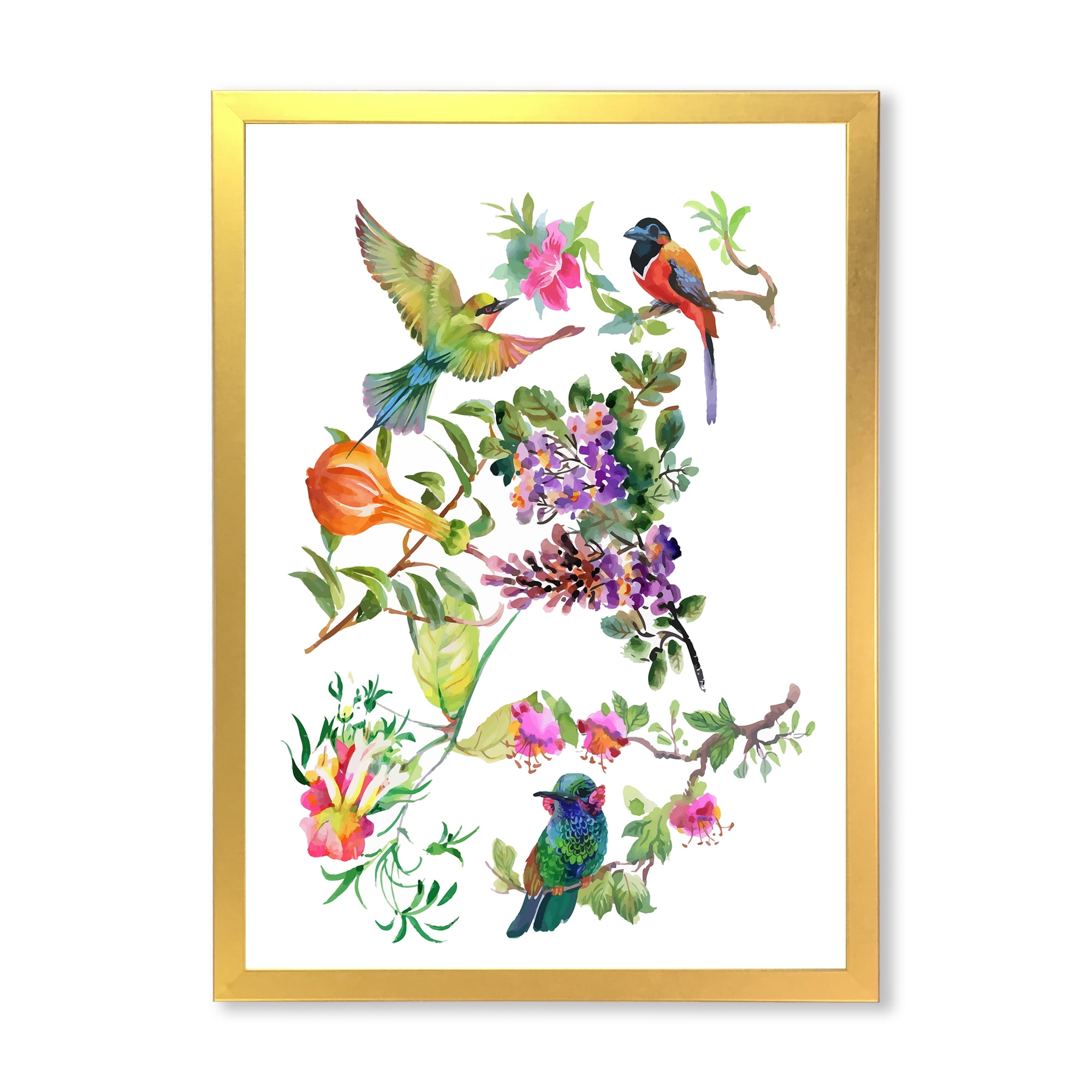 Designart 'Colourful Birds and Tropical Flowers II' Traditional Framed Art Print