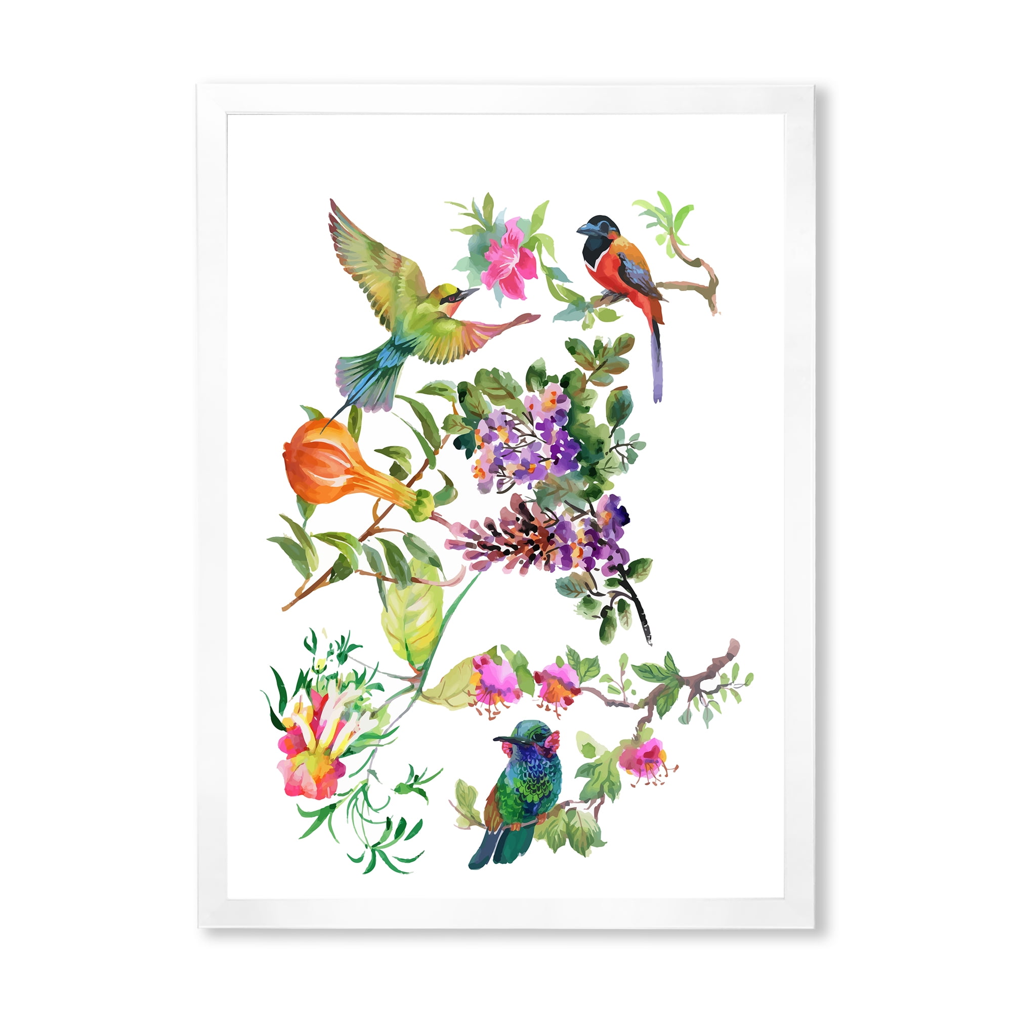 Designart 'Colourful Birds and Tropical Flowers II' Traditional Framed Art Print