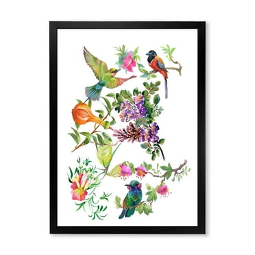 Designart 'Colourful Birds and Tropical Flowers II' Traditional Framed Art Print