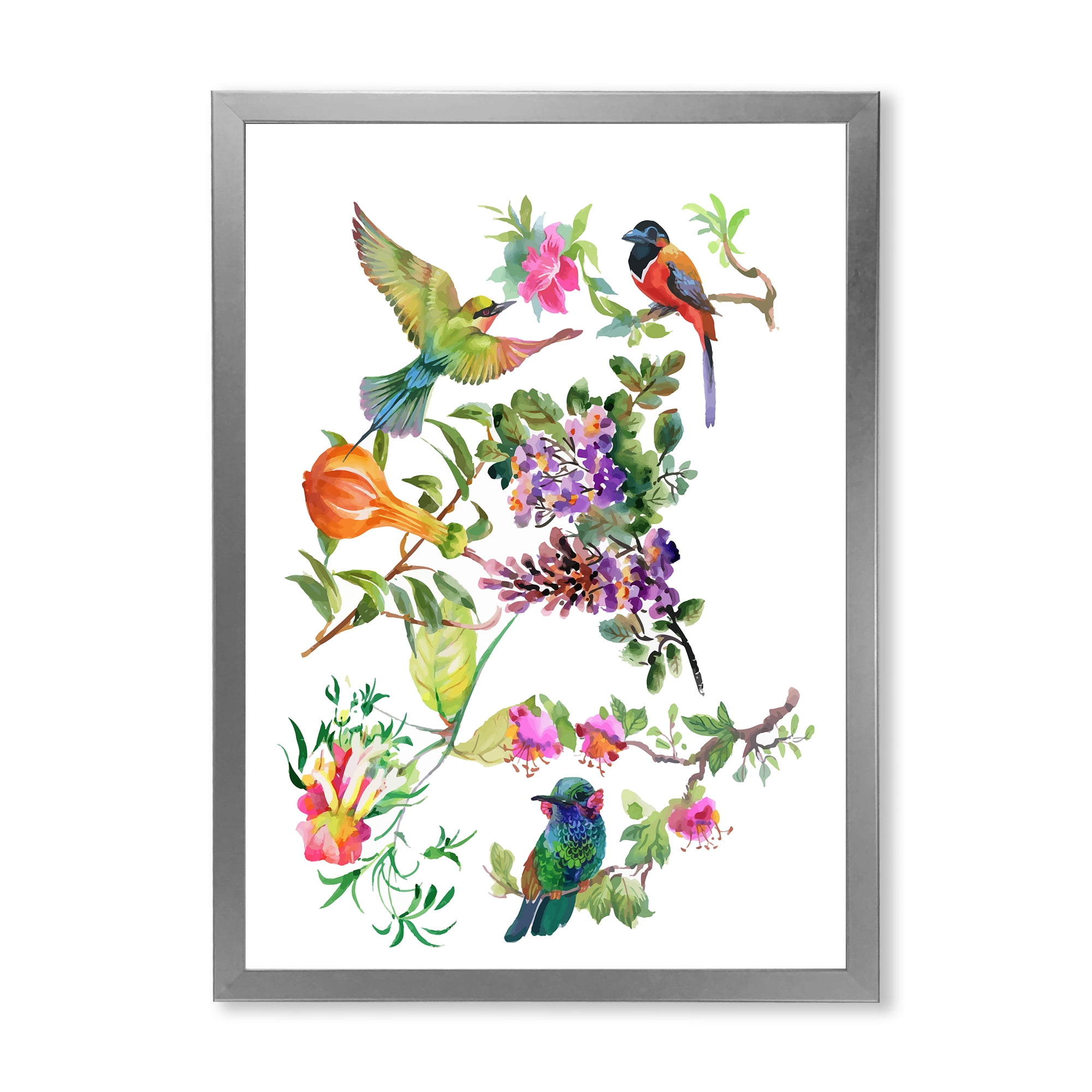 Designart 'Colourful Birds and Tropical Flowers II' Traditional Framed Art Print