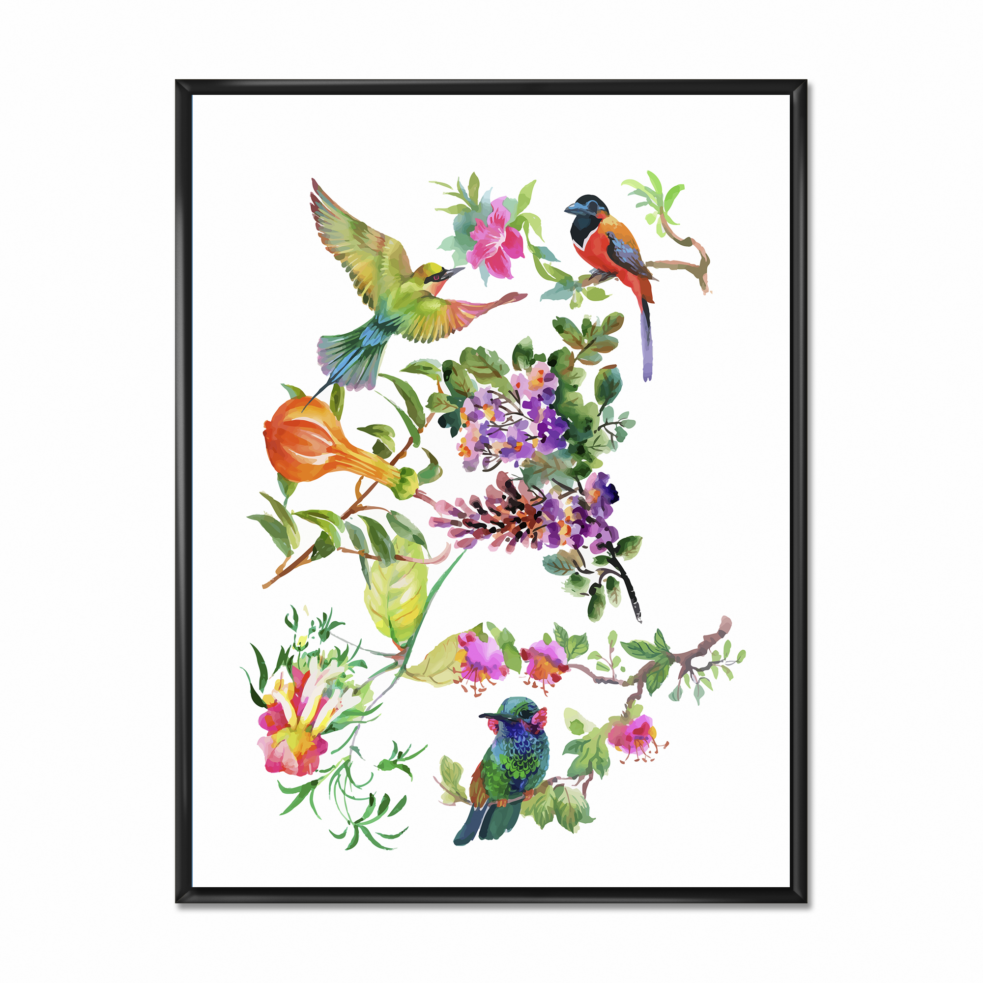 Designart 'Colourful Birds and Tropical Flowers II' Traditional Framed Canvas Wall Art Print
