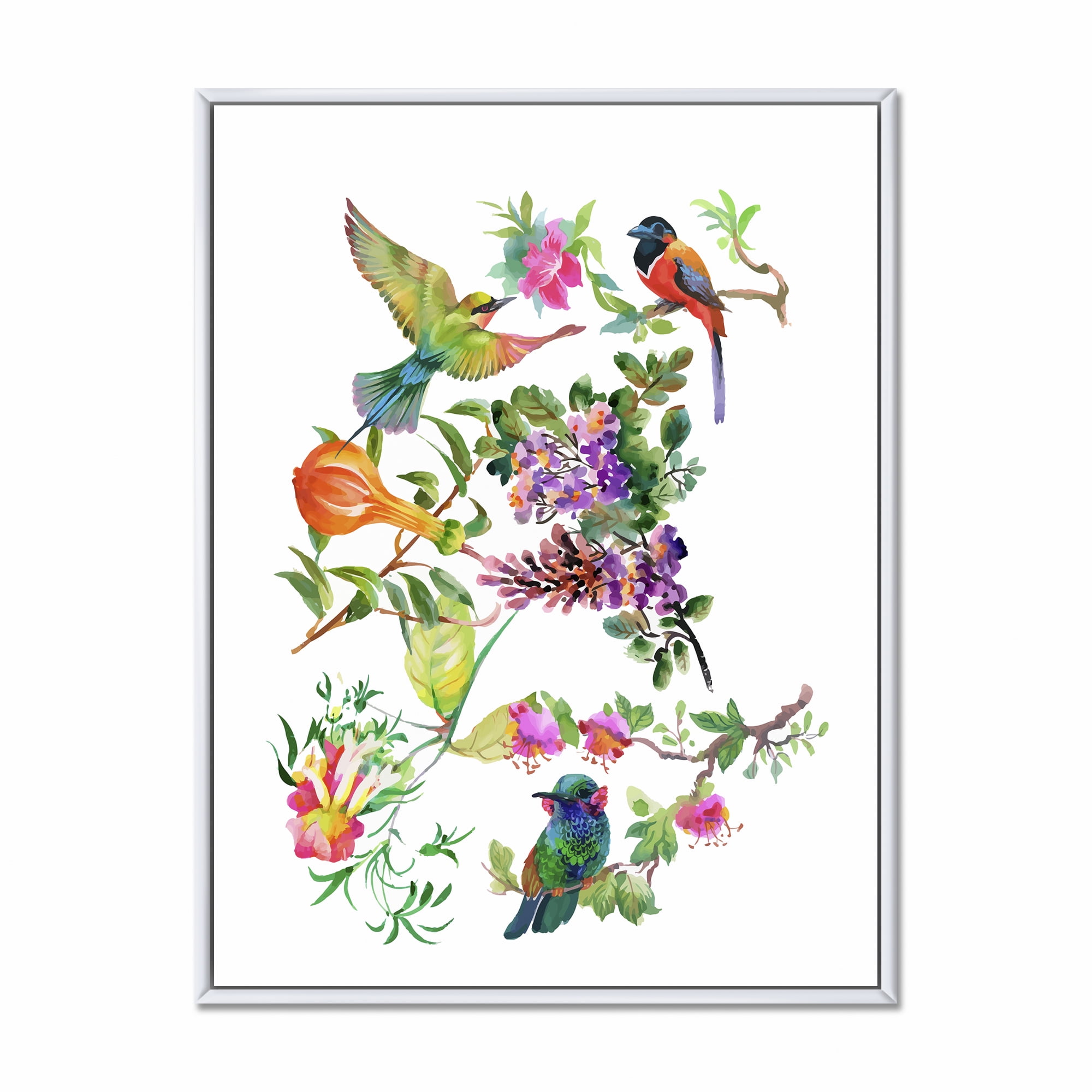 Designart 'Colourful Birds and Tropical Flowers II' Traditional Framed Canvas Wall Art Print
