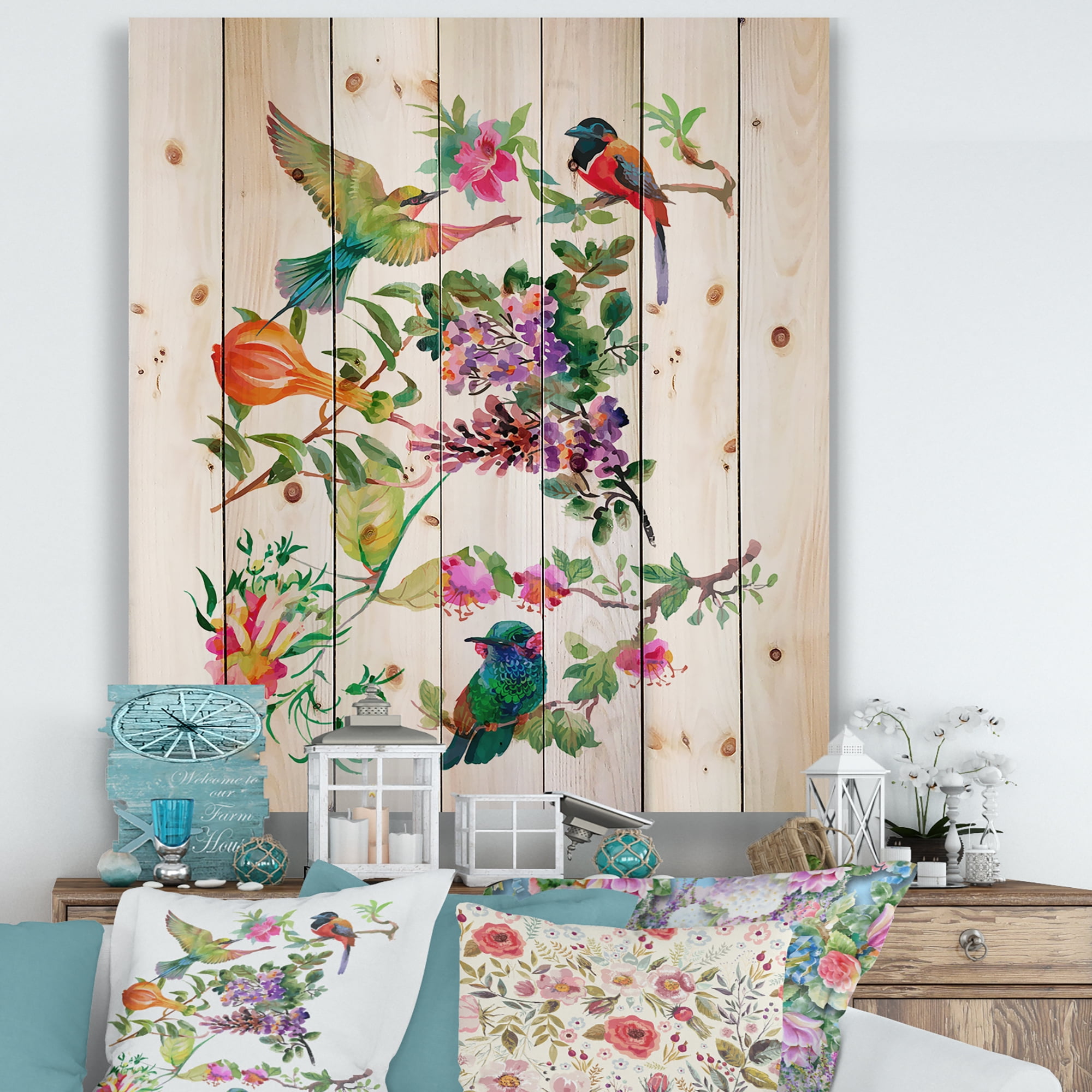 Designart 'Colourful Birds and Tropical Flowers II' Traditional Print on Natural Pine Wood