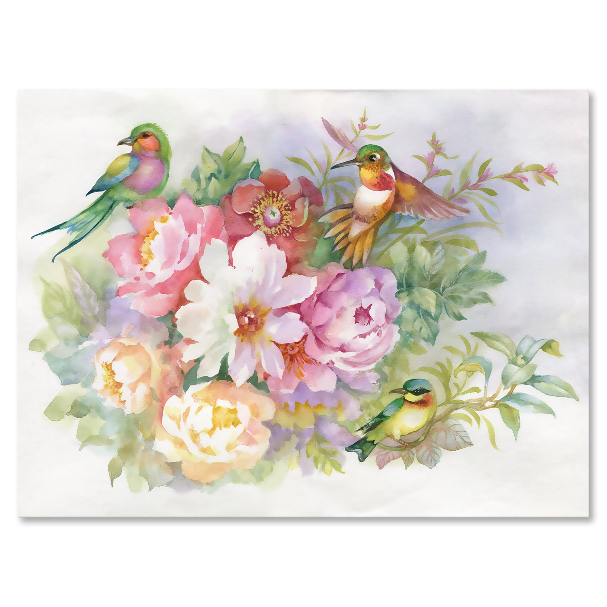 Designart ' Colourful Birds and Vibrant VIntage Flowers ' Traditional Canvas Wall Art Print