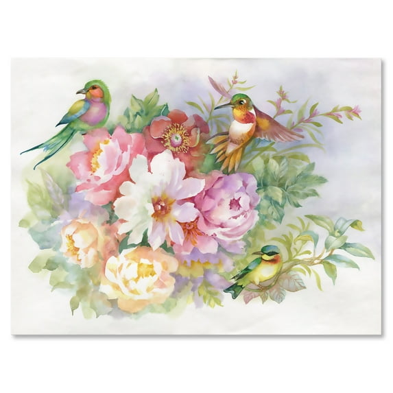 Designart ' Colourful Birds and Vibrant VIntage Flowers ' Traditional Canvas Wall Art Print