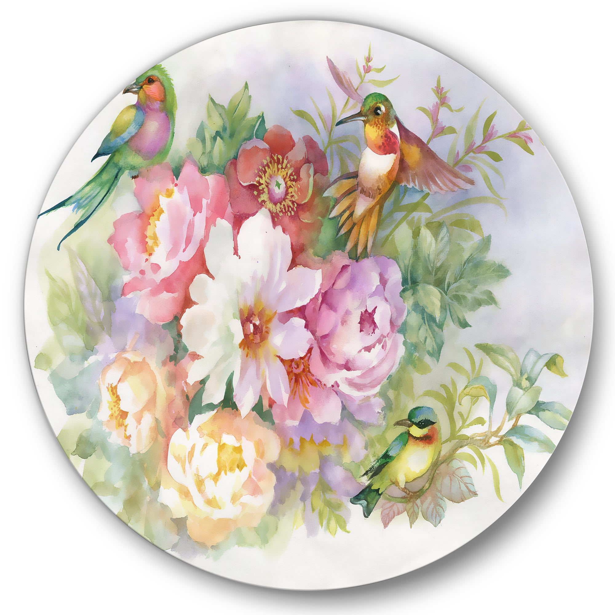 Designart 'Colourful Birds and Vibrant VIntage Flowers' Traditional Circle Metal Wall Art 23x23 - Disc of 23
