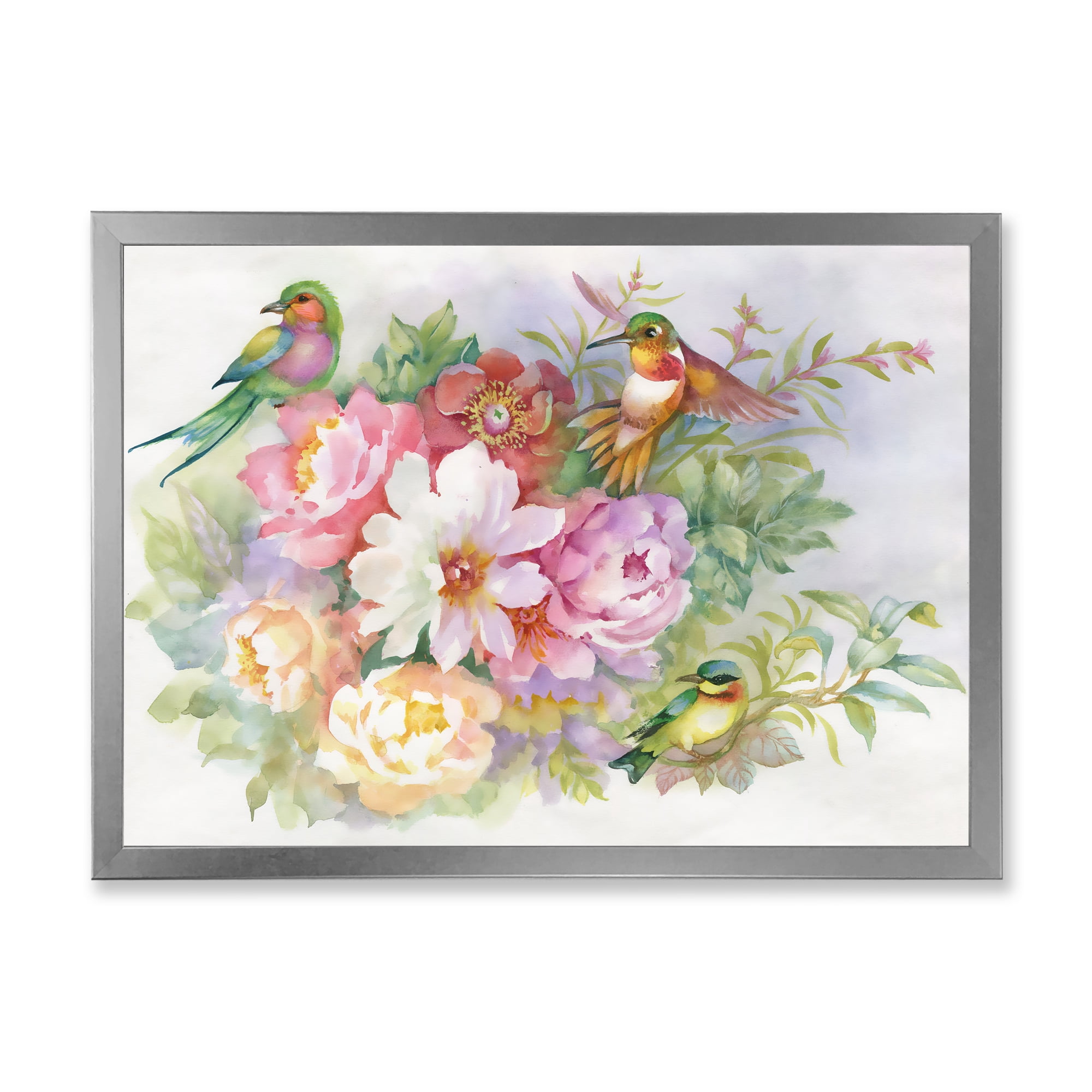 Designart 'Colourful Birds and Vibrant VIntage Flowers' Traditional Framed Art Print