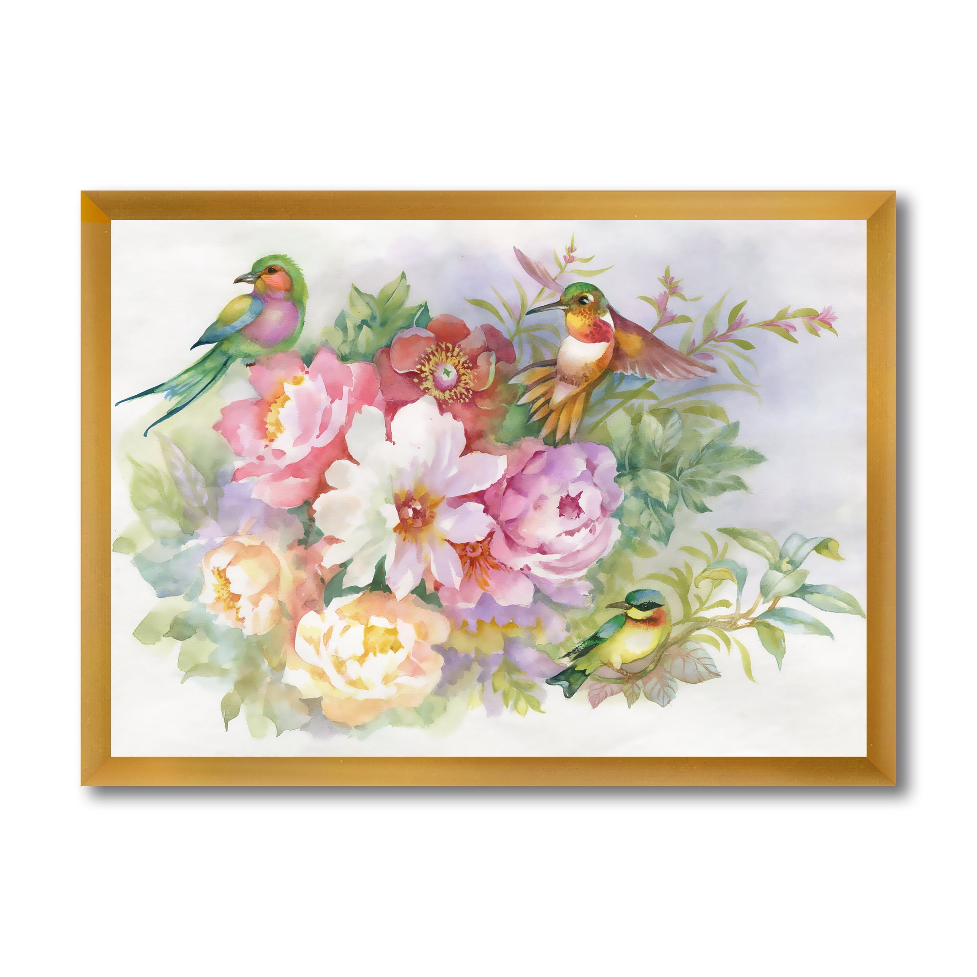 Designart 'Colourful Birds and Vibrant VIntage Flowers' Traditional Framed Art Print