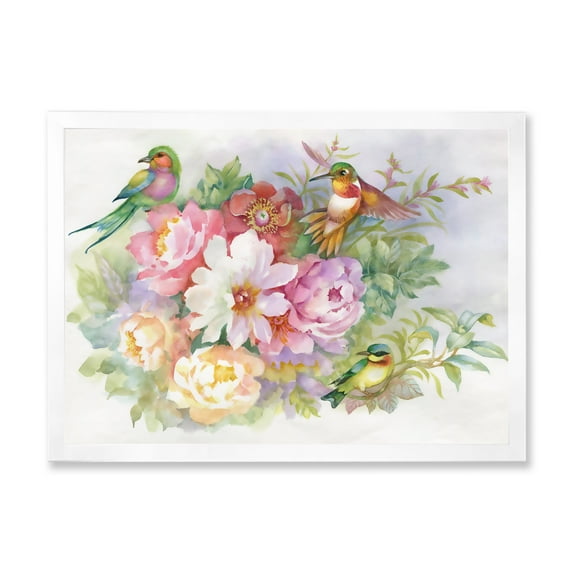 Designart 'Colourful Birds and Vibrant VIntage Flowers' Traditional Framed Art Print